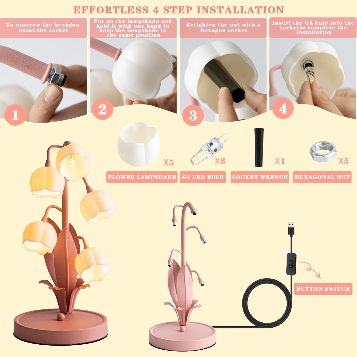 WERFOP Flower Table Lamp, Vintage Desk Lamp, 3 Color Modes, Medium Size, Pink, Model WF-TL-1218-Pink