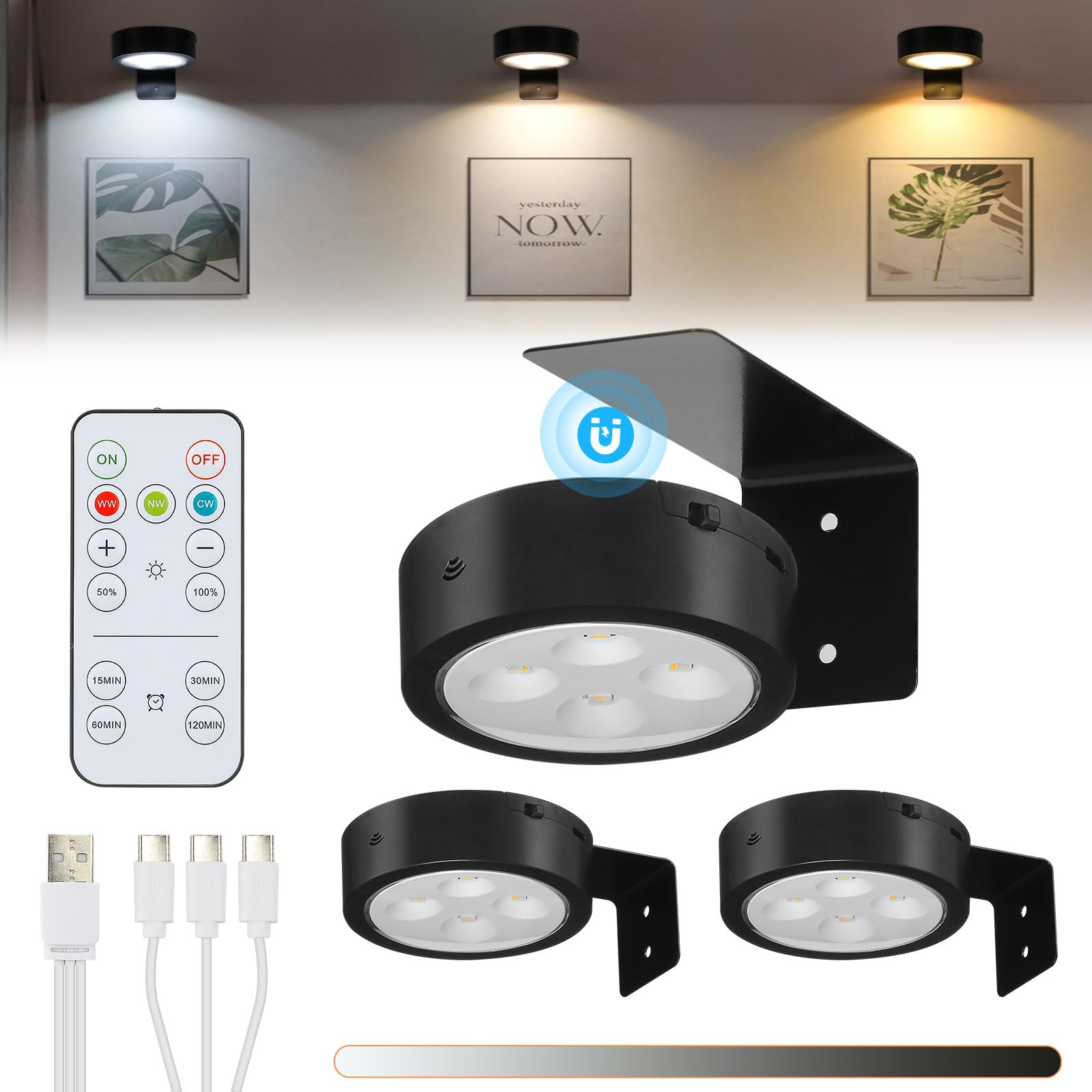 Glighone 3Pcs Rechargeable Battery Picture Light,Wall Lights for Pictures with Remote Dimmable and Timer,3 Lighting Modes Magnet
