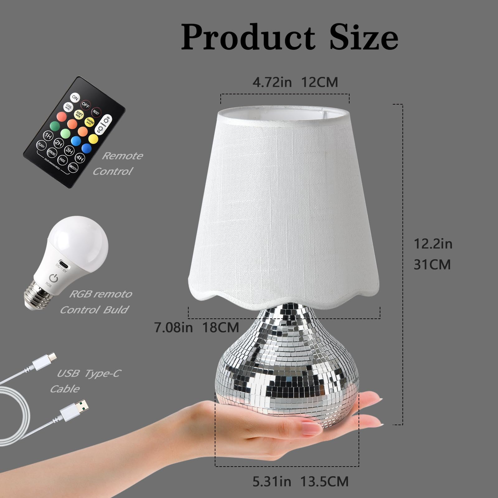 Rechargeable Cordless Small Funky Table Lamp, Battery Operated Remote Control Disco Mini Table Lamps for Bedroom Nightstand, Fun