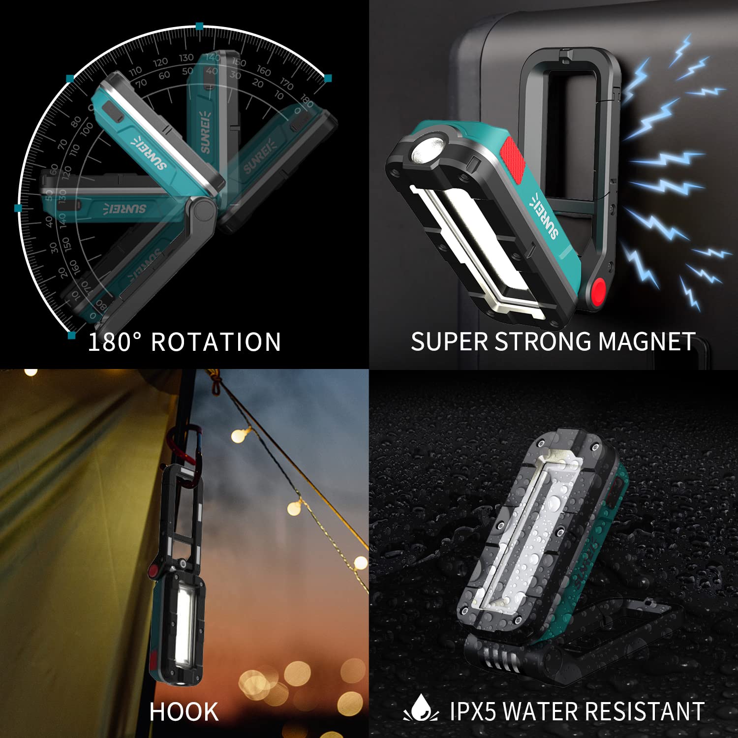 Sunrei Led Rechargeable Magnetic Work Lights Cob Mechanic Lights,1000 Lumens, Magnetic Base & Hanging, 7Mode, Magnetic Flashlight Job Site & Security For Car Repair, Emergency, Gift For Men