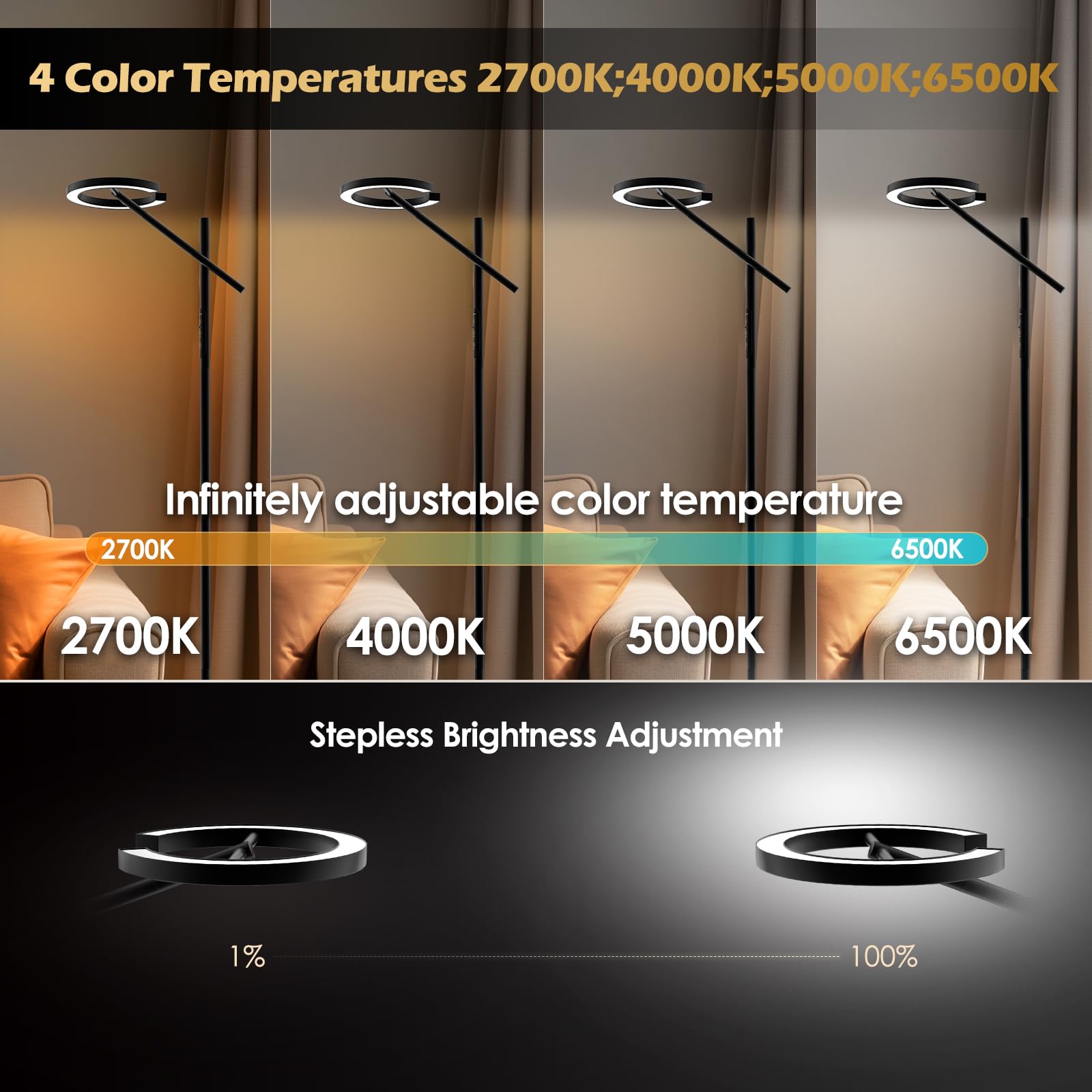 GLOWRIUM Floor Lamp - Stepless Dimmable, Rotatable, 2700-6500K, Modern Design, Black, Model GC047001