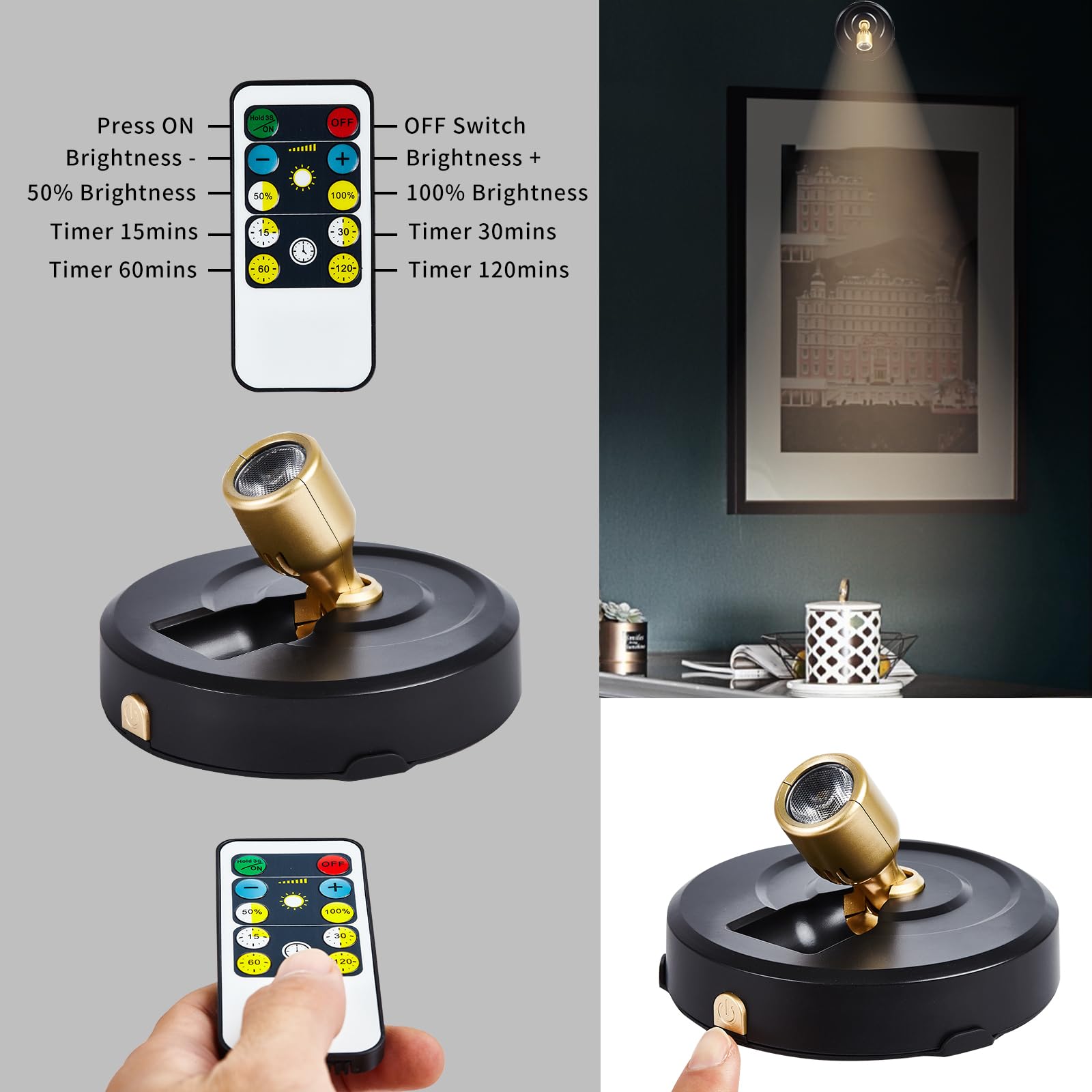 HOFUY 2-Pack Wireless LED Spotlight, Dimmable Battery Operated Picture Lights with Remote, Black-G for Wall Art, Closet, and Dartboard Display