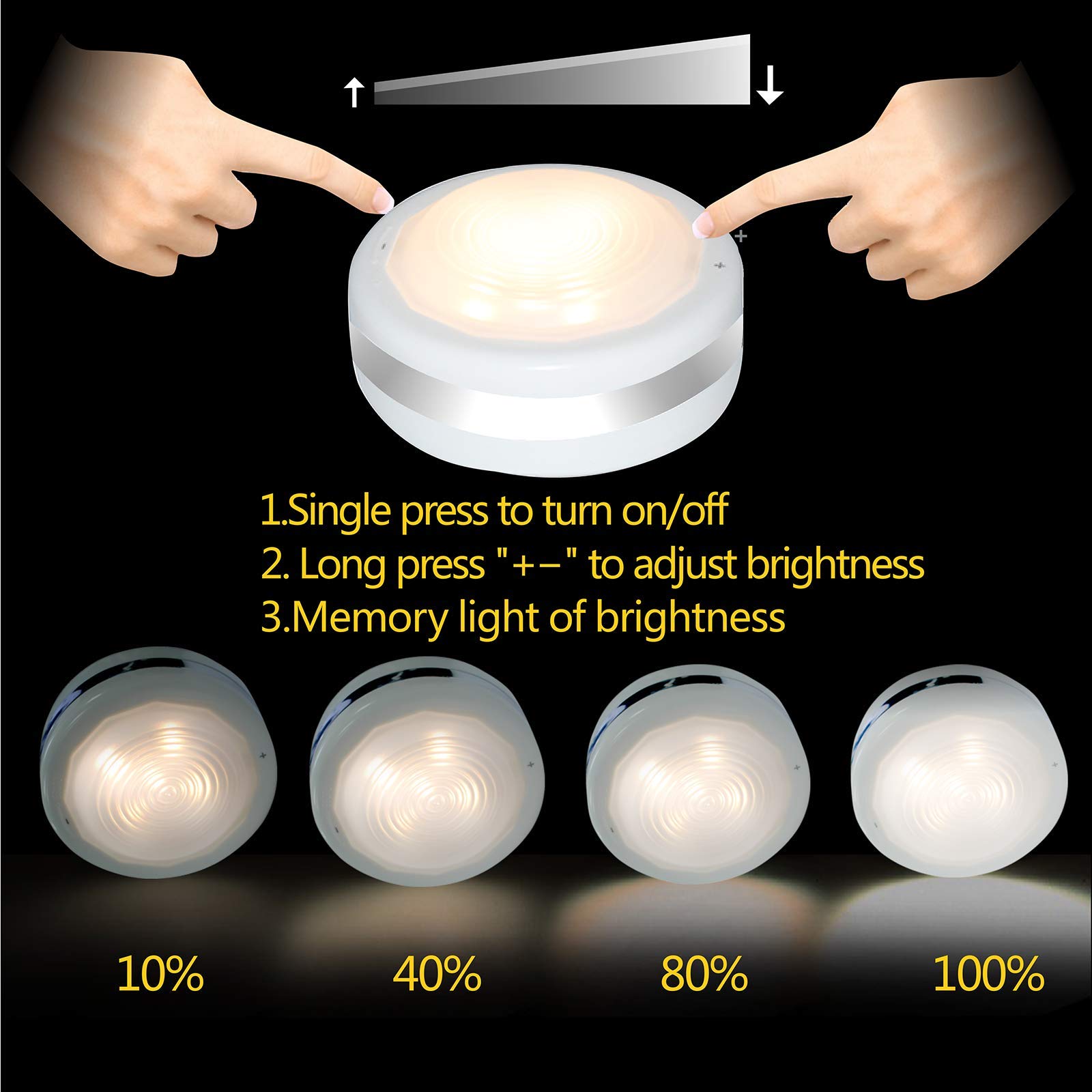 Starxing Puck Lights - Battery Operated LED Under Cabinet Lighting, Dimmable, Wireless, Natural White, 6 Pack