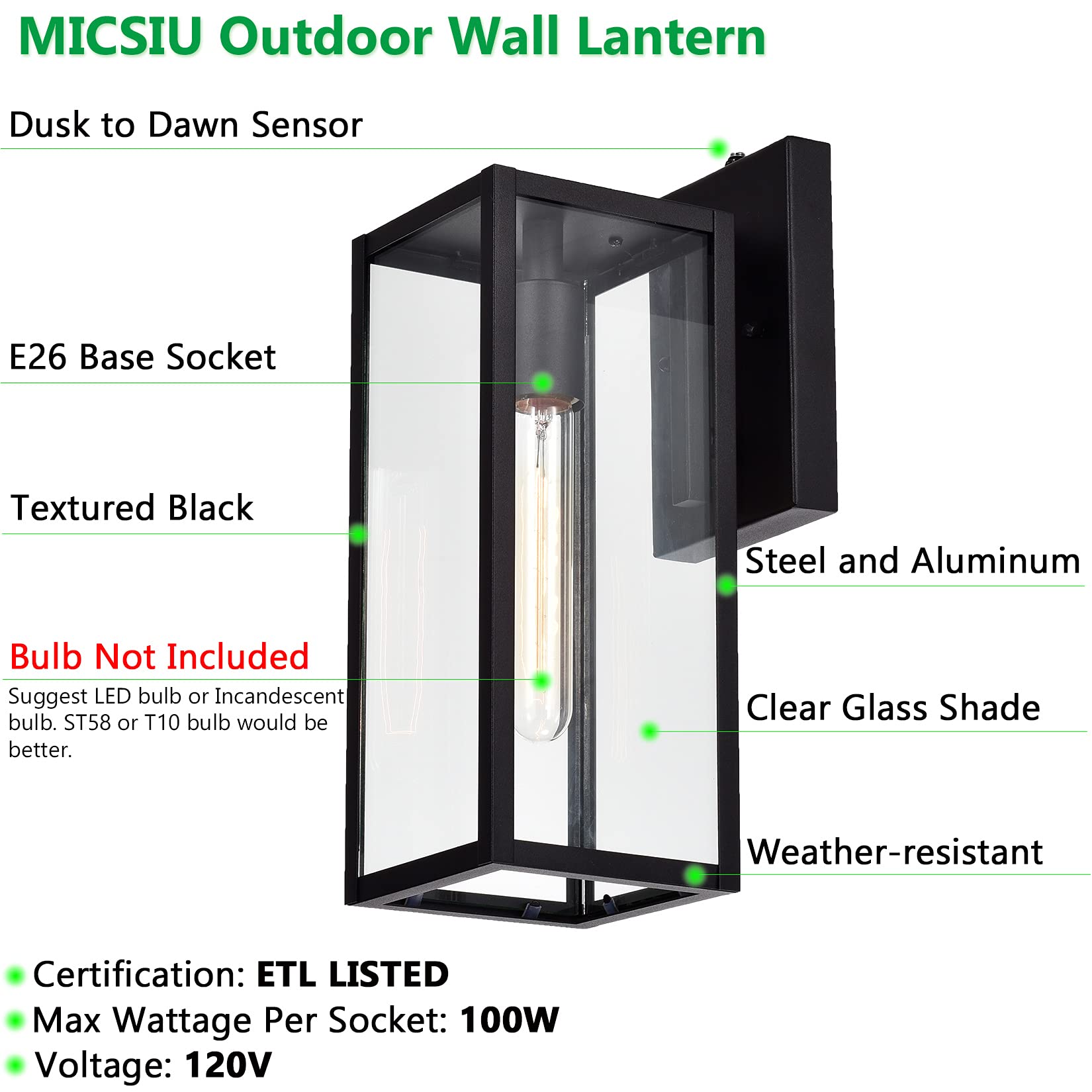 MICSIU Outdoor Wall Mount Lantern, 14.5in Clear Glass, Industrial Textured Black, Metal, Model 20001