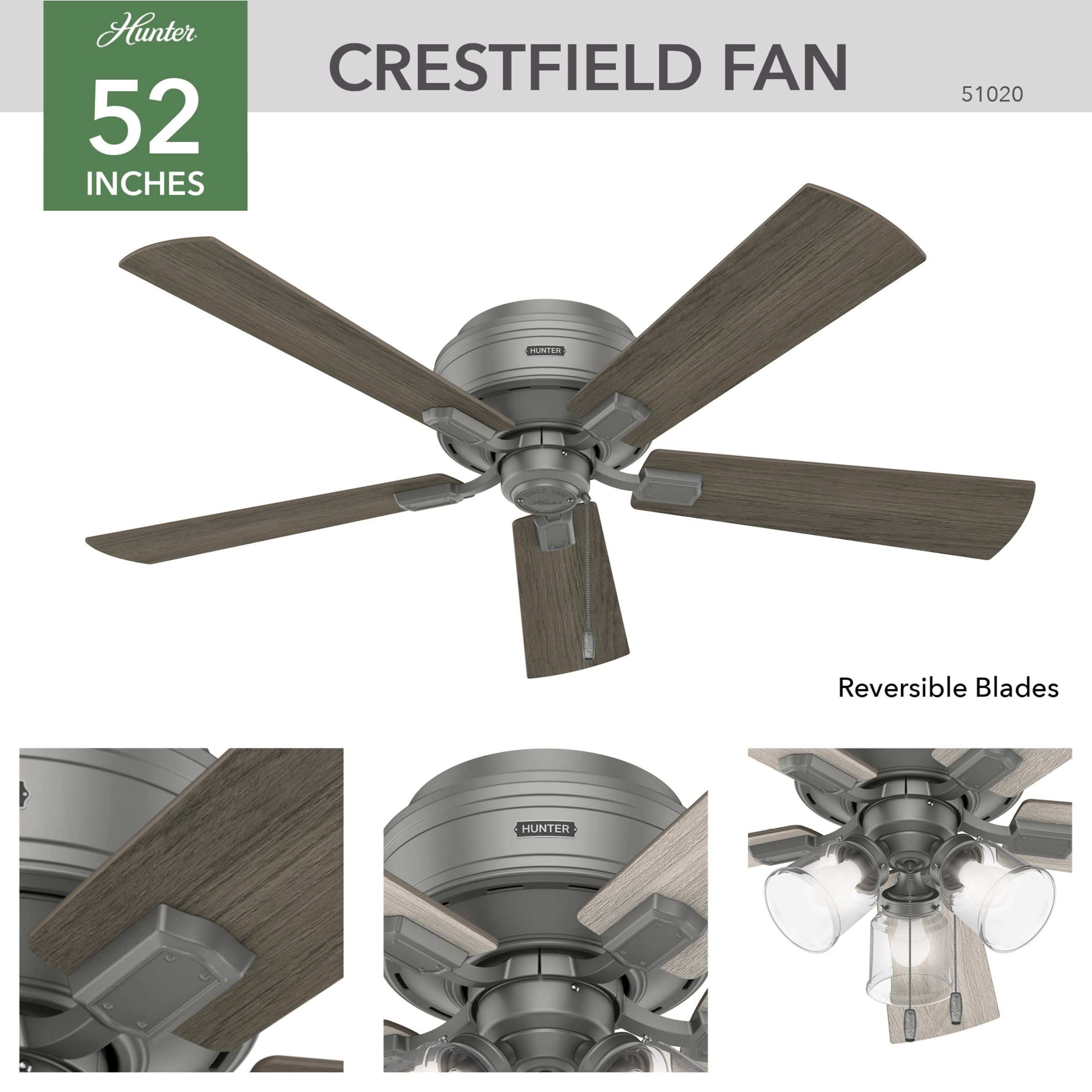 Hunter Fan Company Crestfield 52-Inch Indoor Matte Silver Casual Ceiling Fan With Bright Led Light Kit, Pull Chains, And Reversible Whisperwind Motor Included