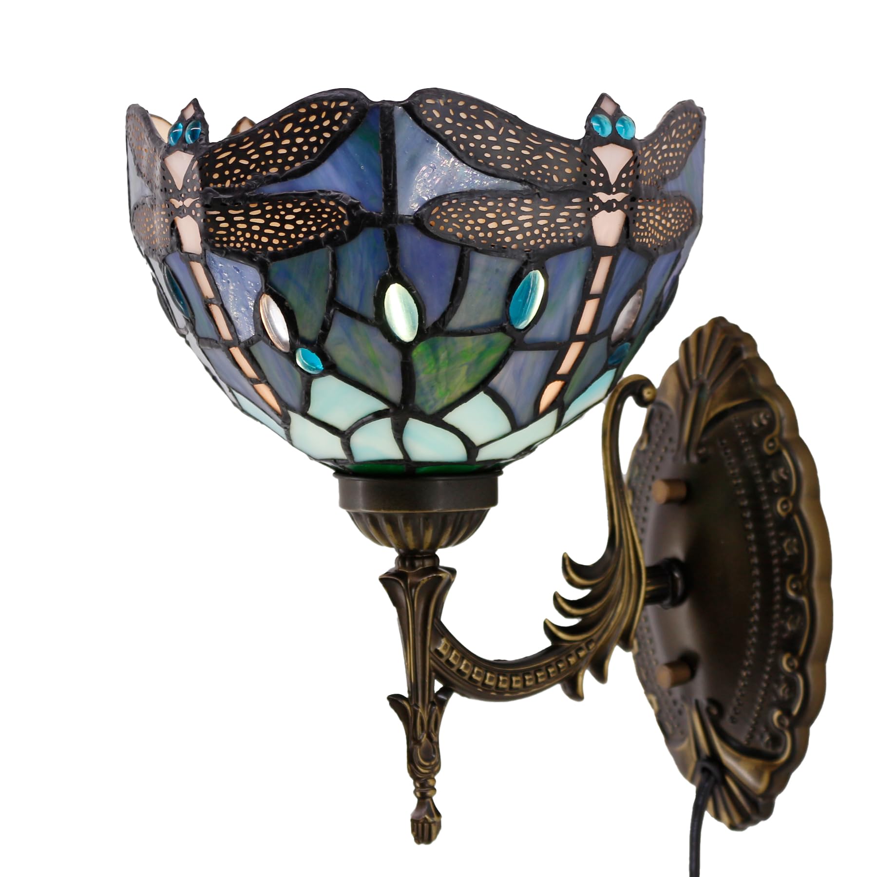 Avivadirect Tiffany Wall Sconce Lamp Plug In Or Hardwire Wall Light With 8 Inch Blue Dragonfly Stained Glass Lampshade 8X10.5X11