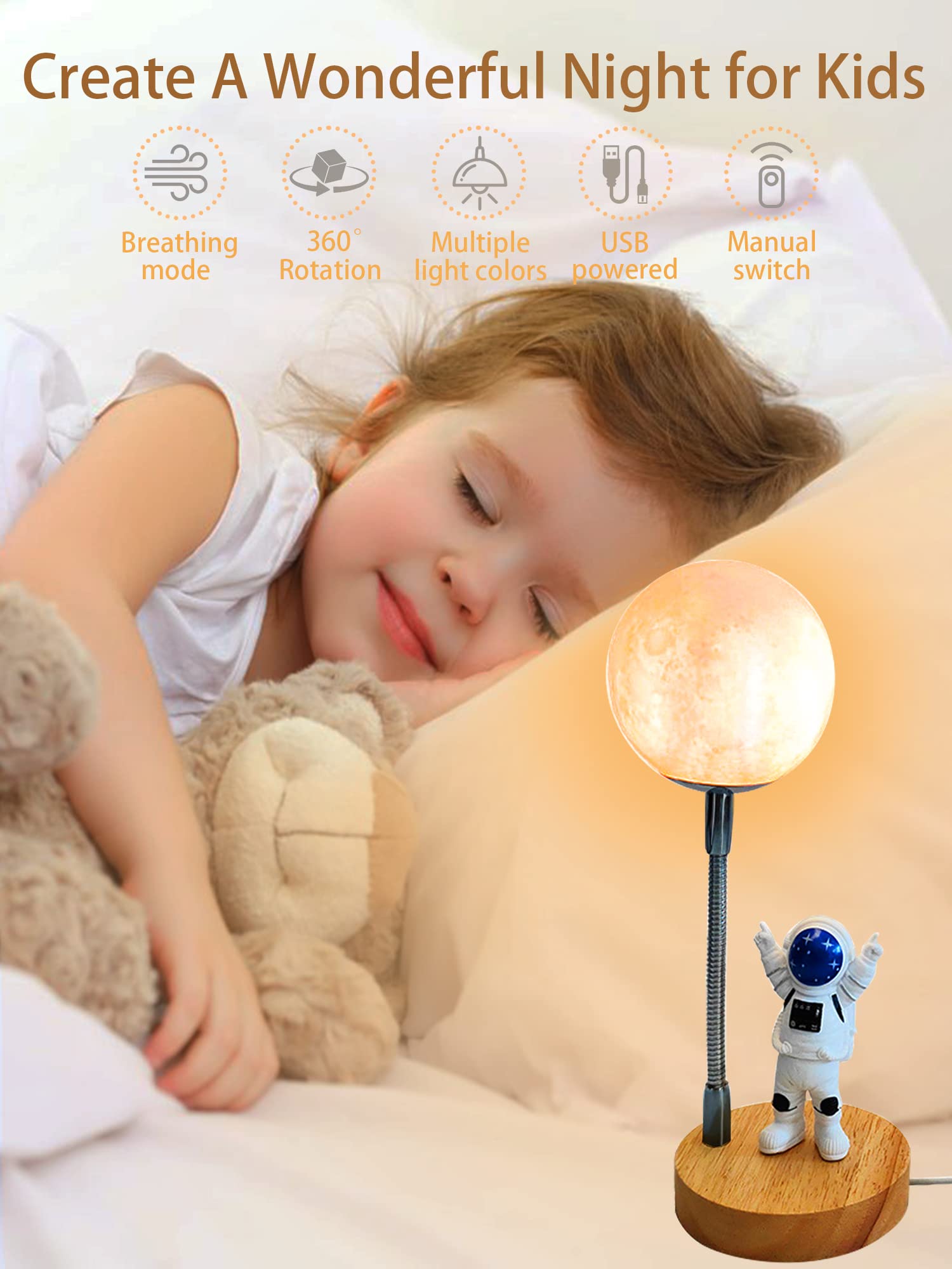 Wlhong Moon Lamp For Kids,Space Buddy Lights With 7 Color Astronaut Night Light,Usb Powered And Button Control 3D Moon Table Lamp,Perfect For Bedroom,Nursery And Space-Themed Parties (Moon)