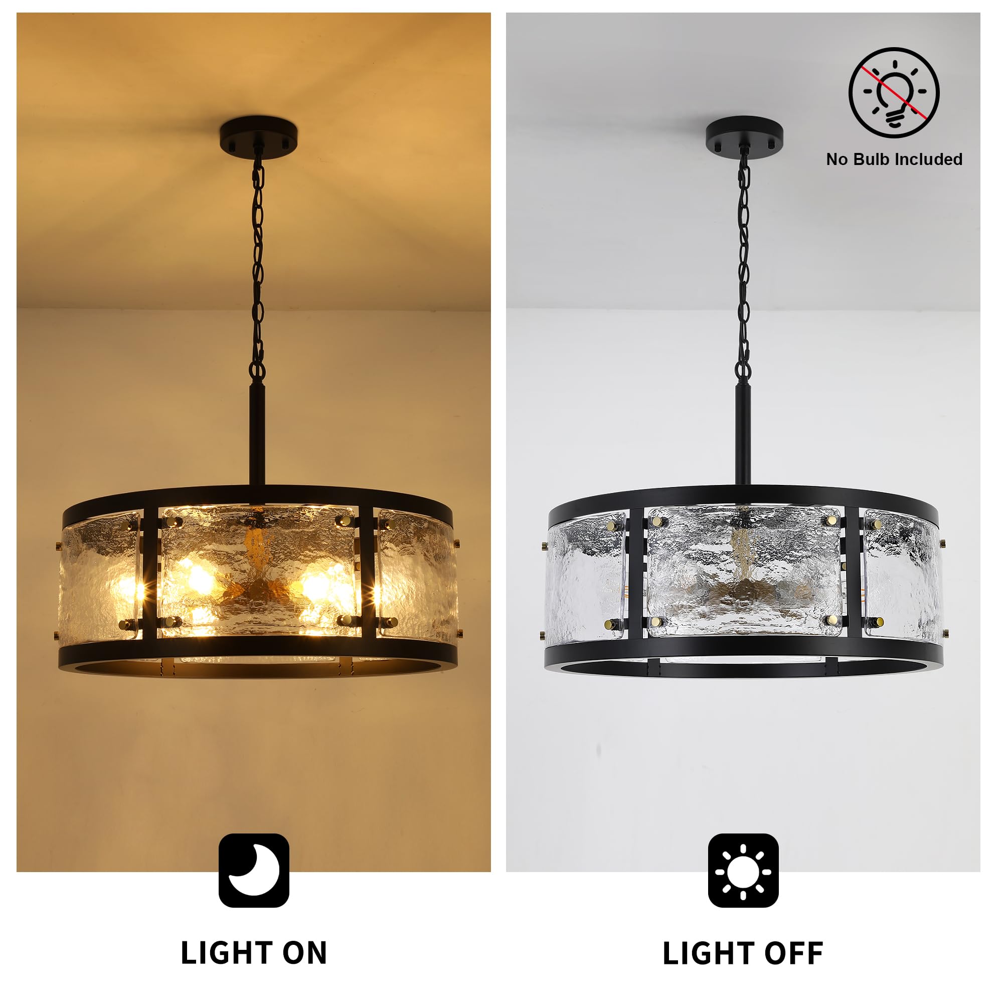 CNRATYE 23.6" Black Farmhouse Drum Chandelier, 6-Light Vintage Glass Fixture for Dining Room and Kitchen