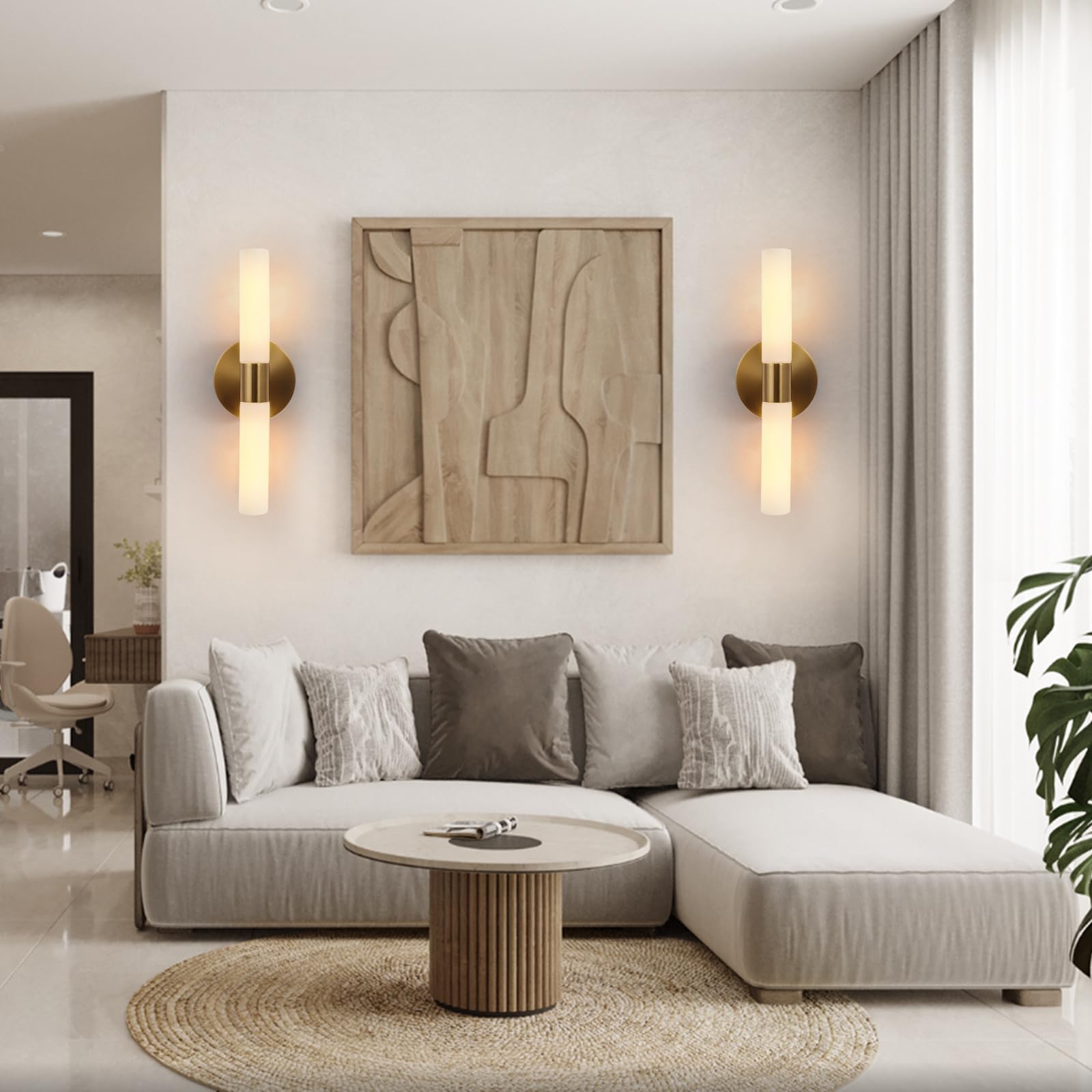 KUZZULL Wall Sconces Set of Two Modern Brushed Brass Gold Iron + White Glass 14in Bathroom Lighting