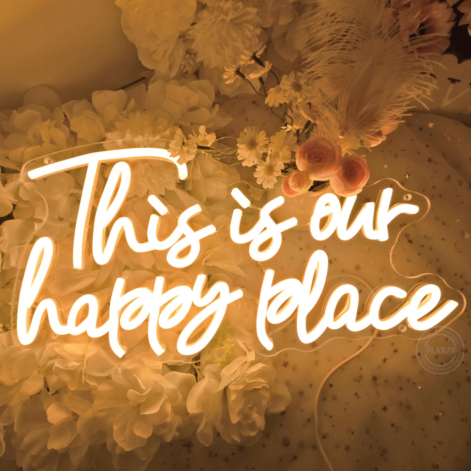 Planzo Neon Sign Light - inThis is Our Happy Placein - Warm White - 16.54in W x 8.07in H - Plastic/Acrylic - Home Wall Art Decor