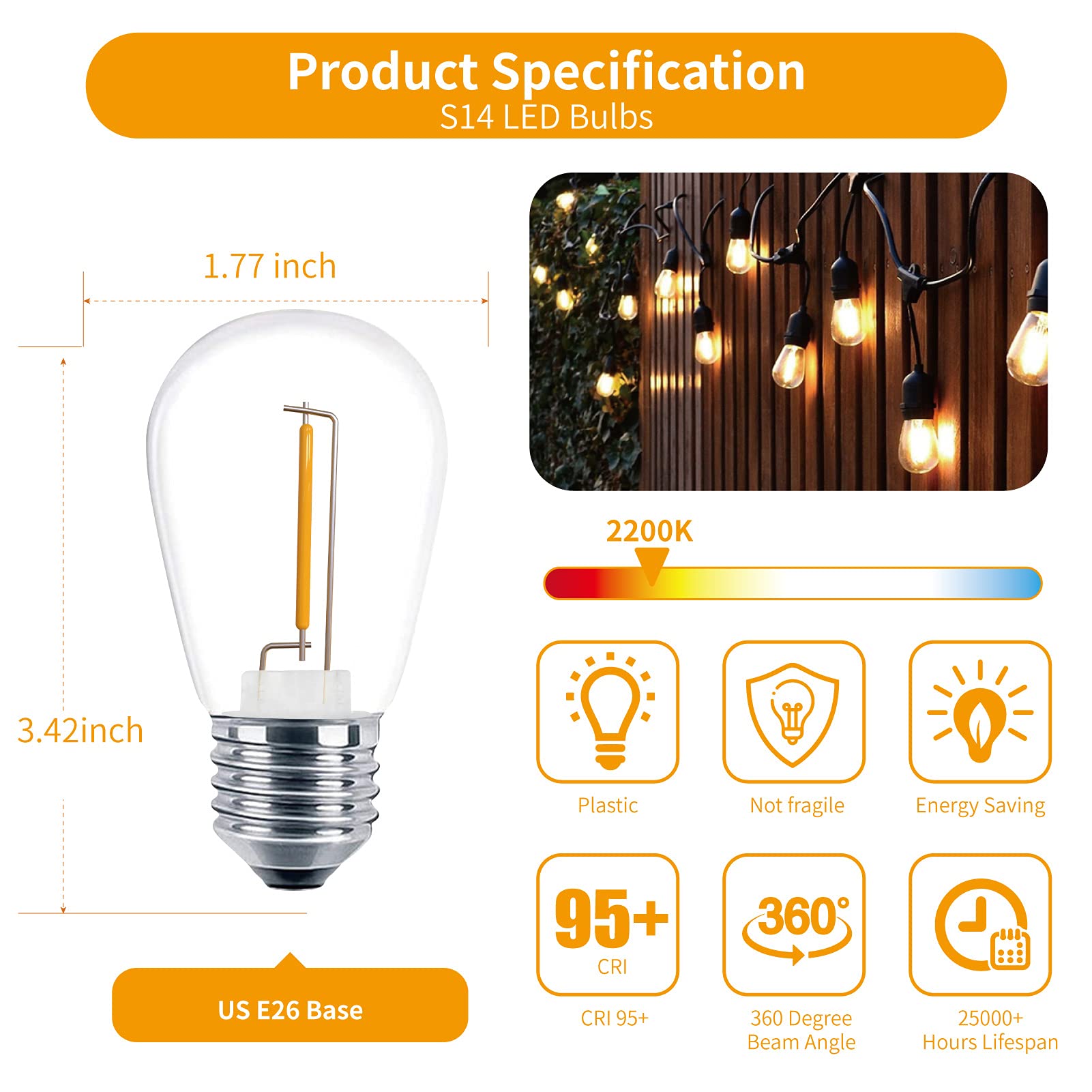 Meconard 24 Pack Led S14 Replacement Light Bulbs, Shatterproof Outdoor 1 Watt To Replace 11Watts String Incandescent Bulb, E26 R