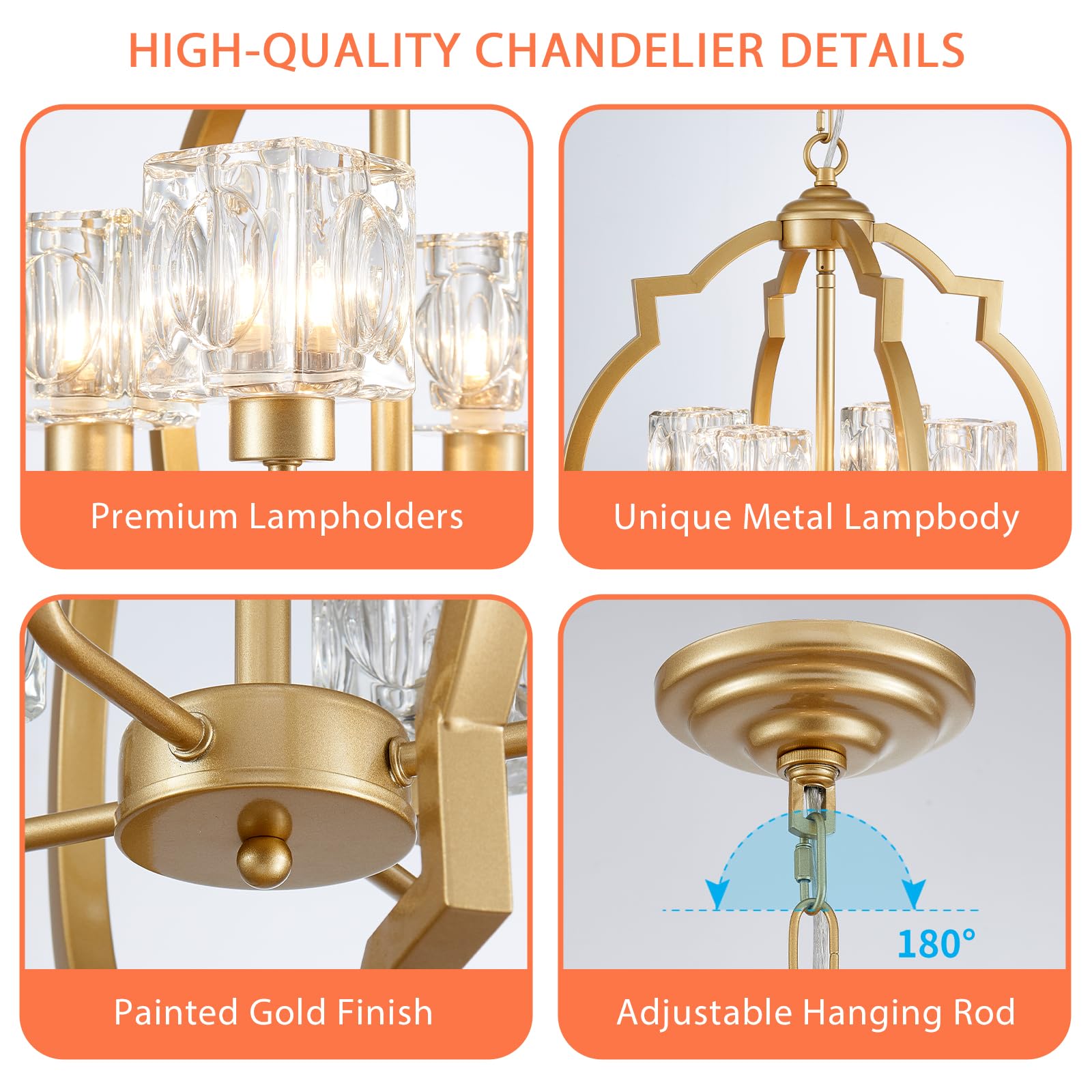 Majhoiw 4-Light Modern Chandelier, 17.7" Gold Metal Pendant Lighting for Dining Room, Living Room, Kitchen, Bedroom, Foyer