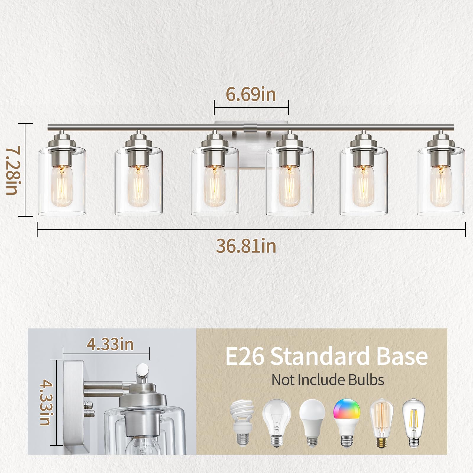 SKEJAO 6-Light Bathroom Vanity Light Fixture, Nickel Glass Wall Sconce for Bedroom & Living Room, Model SK111