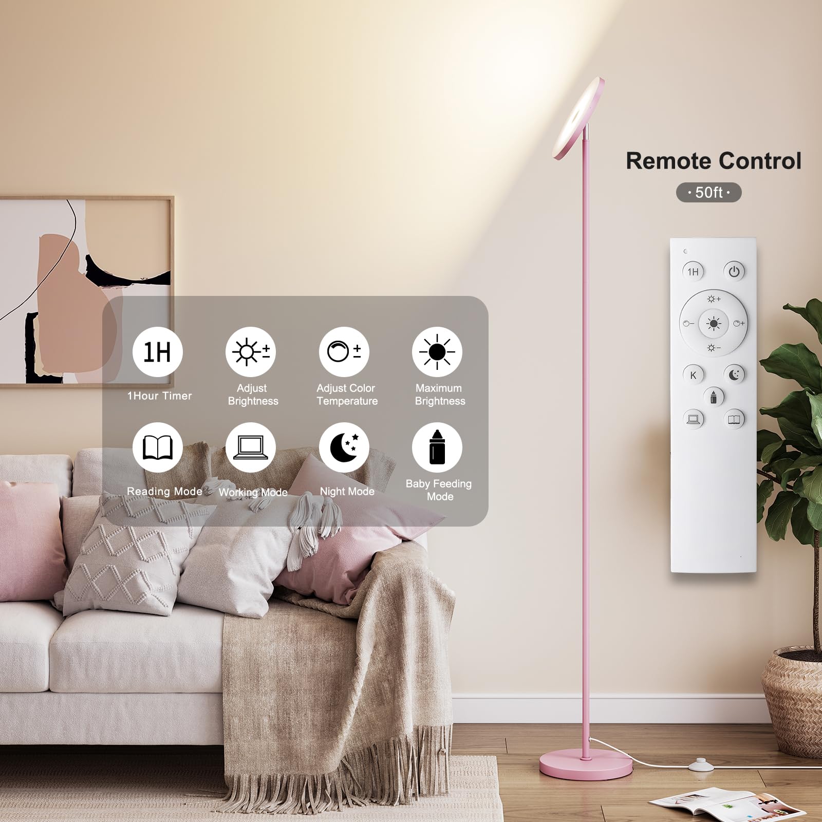 Sunmory Soft Pink Torchiere Floor Lamp For Bedroom And Office - Elegant Standing Lamp With Modern Design, Perfect For Ambient Li