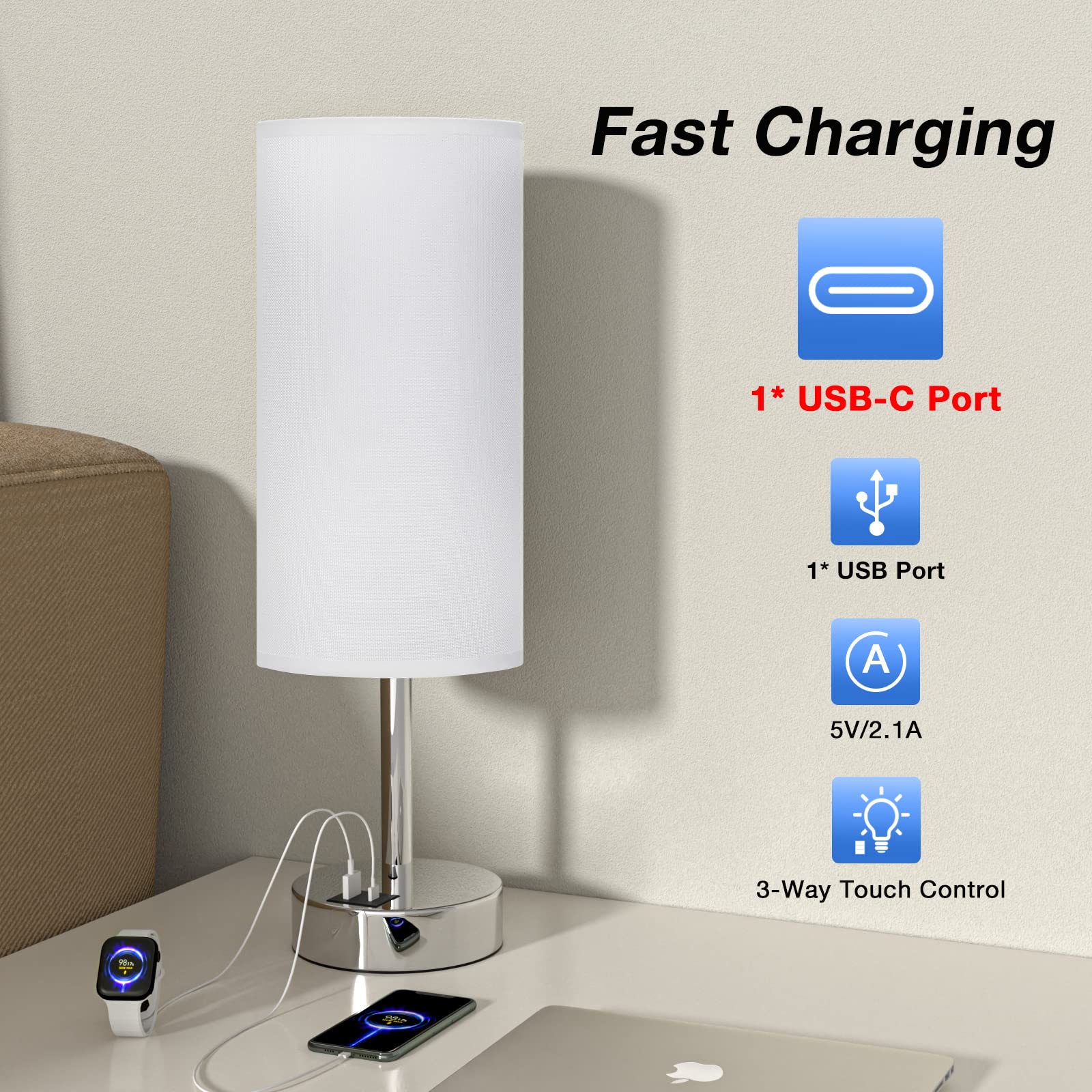 White Bedside Touch Table Lamps For Bedroom Nightstand With Usb-C Usb-A Charging Ports White, 3 Way Dimmable Control Small Lamp