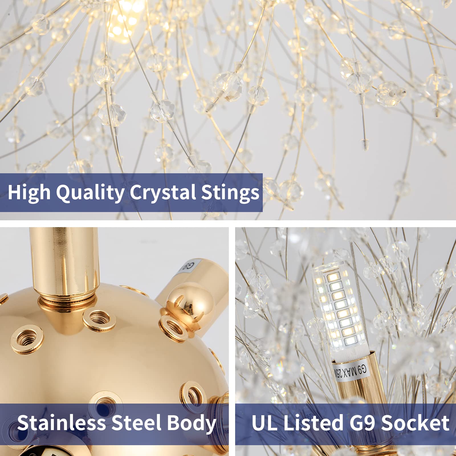 CM MZY 9-Light Gold Dandelion Sputnik Chandelier, Modern Crystal Pendant Light for Bedroom, Living Room, Dining Room, Kitchen Island