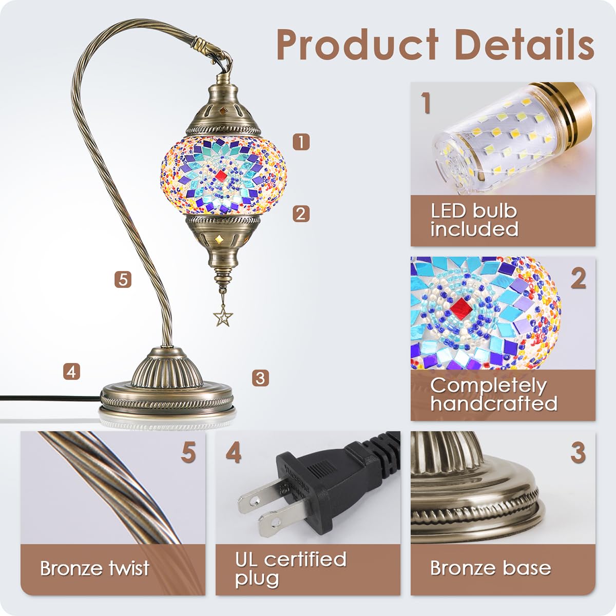 Yarra-Decor Turkish Moroccan Lamp, Handmade Tiffany Mosaic Glass, 1-Pack, Blue1, Bronze Base, LED Bulb Included