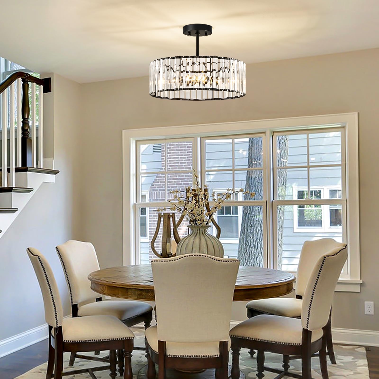 Pevfah Crystal Black Ceiling Light, Modern Semi Flush Mount Ceiling Lighting Fixture, Round Hallway Lighting Fixtures Chandelier
