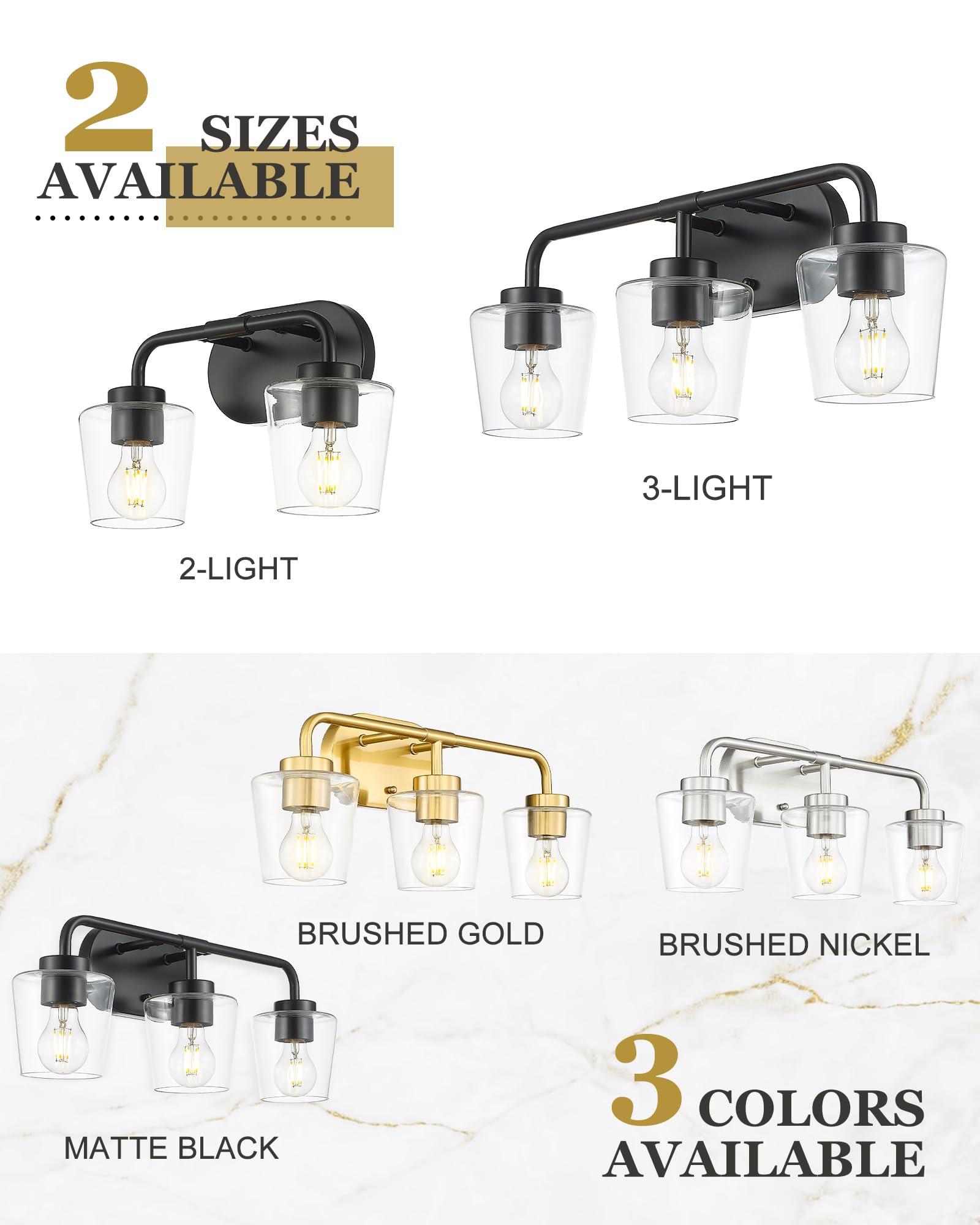Audickic 3-Light Matte Black Bathroom Vanity Light Fixtures with Clear Glass, Model AD-22004-3W-BK-C