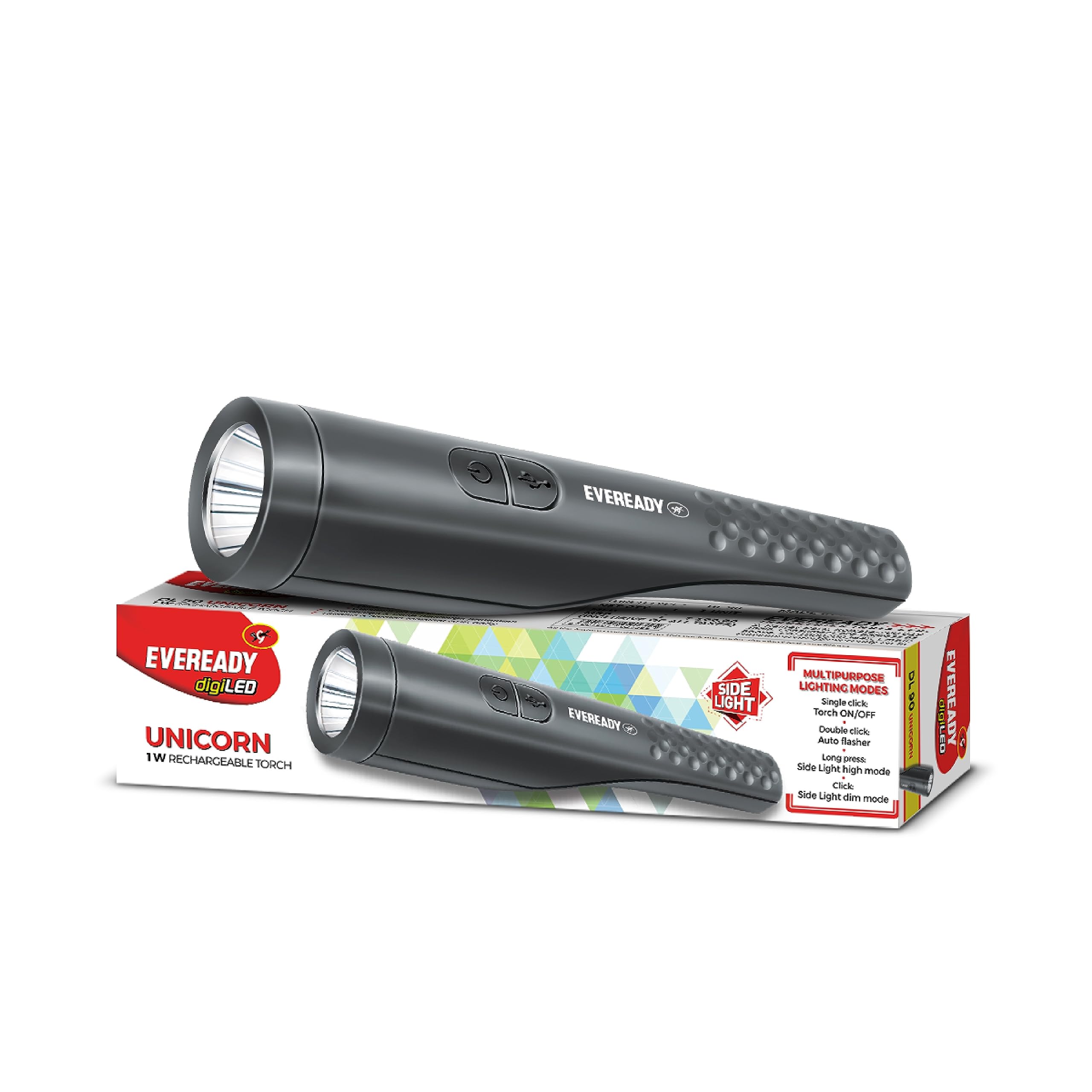 Eveready Unicorn DL90 | Led Torch cum Emergency Sidelight | 1W Torch & 2W Sidelight | 4 Lighting Modes | Micro-USB Fast Charging