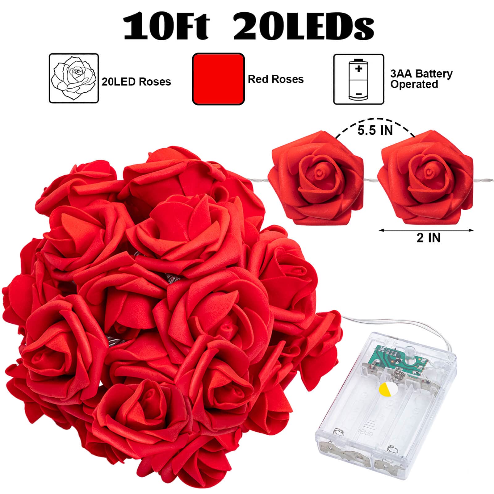 Rose Flower String Lights, 20 LED Battery Operated Romantic Red Pink White Rose Lights, 10Ft Artificial Flowers Garland Led Ligh