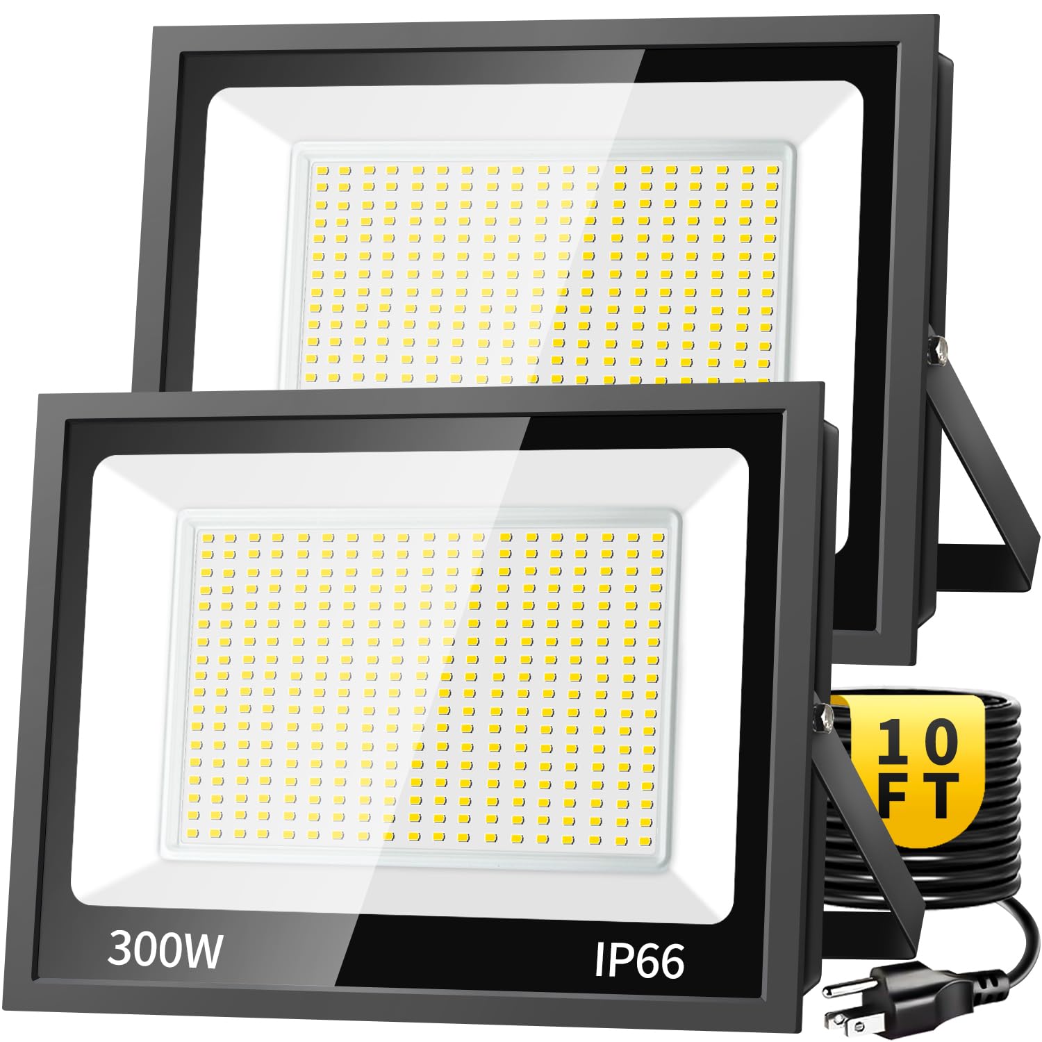 300W LED Flood Light Outdoor, 36000LM Brighter Work Light with 10FT US Plug, IP66 Waterproof Exterior Security Lights, 5000K Day