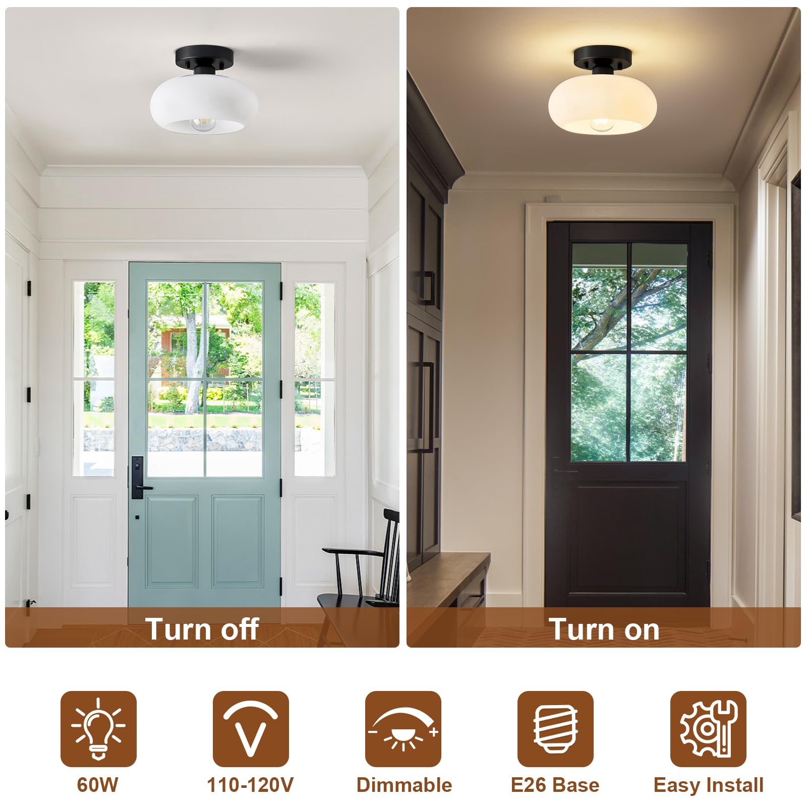 Woknos Mid-Century Modern Semi Flush Mount Ceiling Light, Metal Kitchen Light Fixture With Glass Shade,Vintage White And Black C