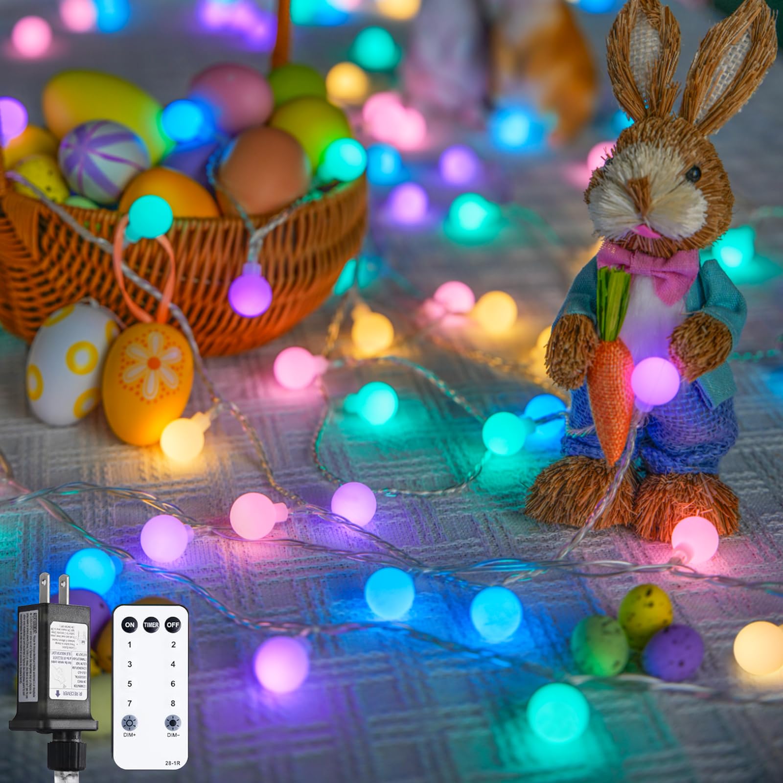 JMEXSUSS 100 LED Easter String Lights, 33ft Multicolor, Waterproof, Plug-in with Remote, Indoor/Outdoor, Model EXS-S-0100-R