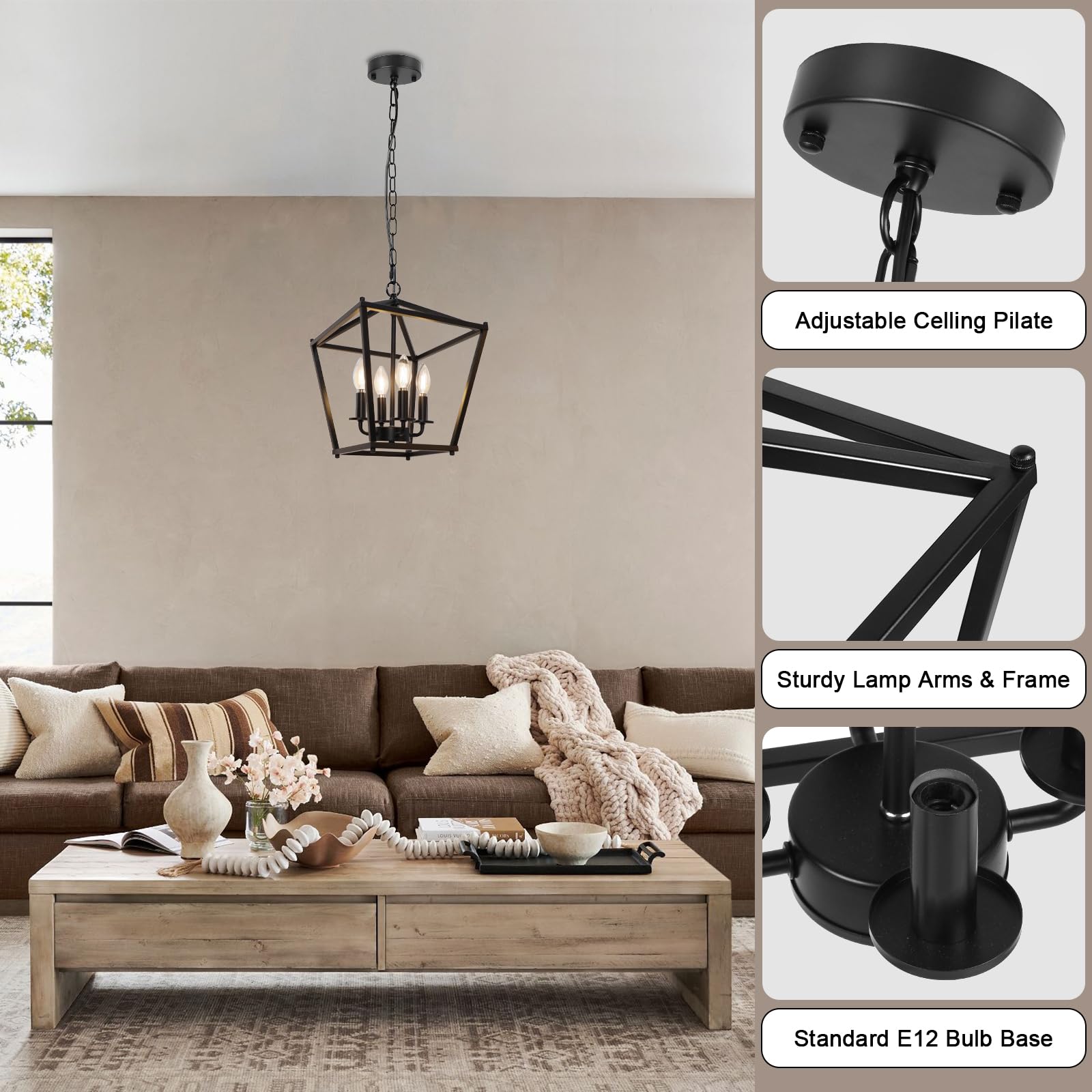 Unicozin 4-Light Black Lantern Chandelier, Adjustable Rustic Geometric Light for Kitchen Island & Entryway, E12 Base