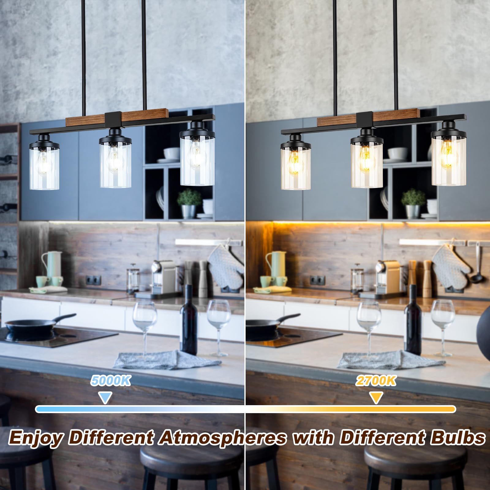 Venzblomia Black Kitchen Island Lighting Fixture, 3-Light Farmhouse Dining Room Chandelier Over Table, Large Pendant Light Ceiling Hanging, Modern Dining Table Light With Adjustable Height