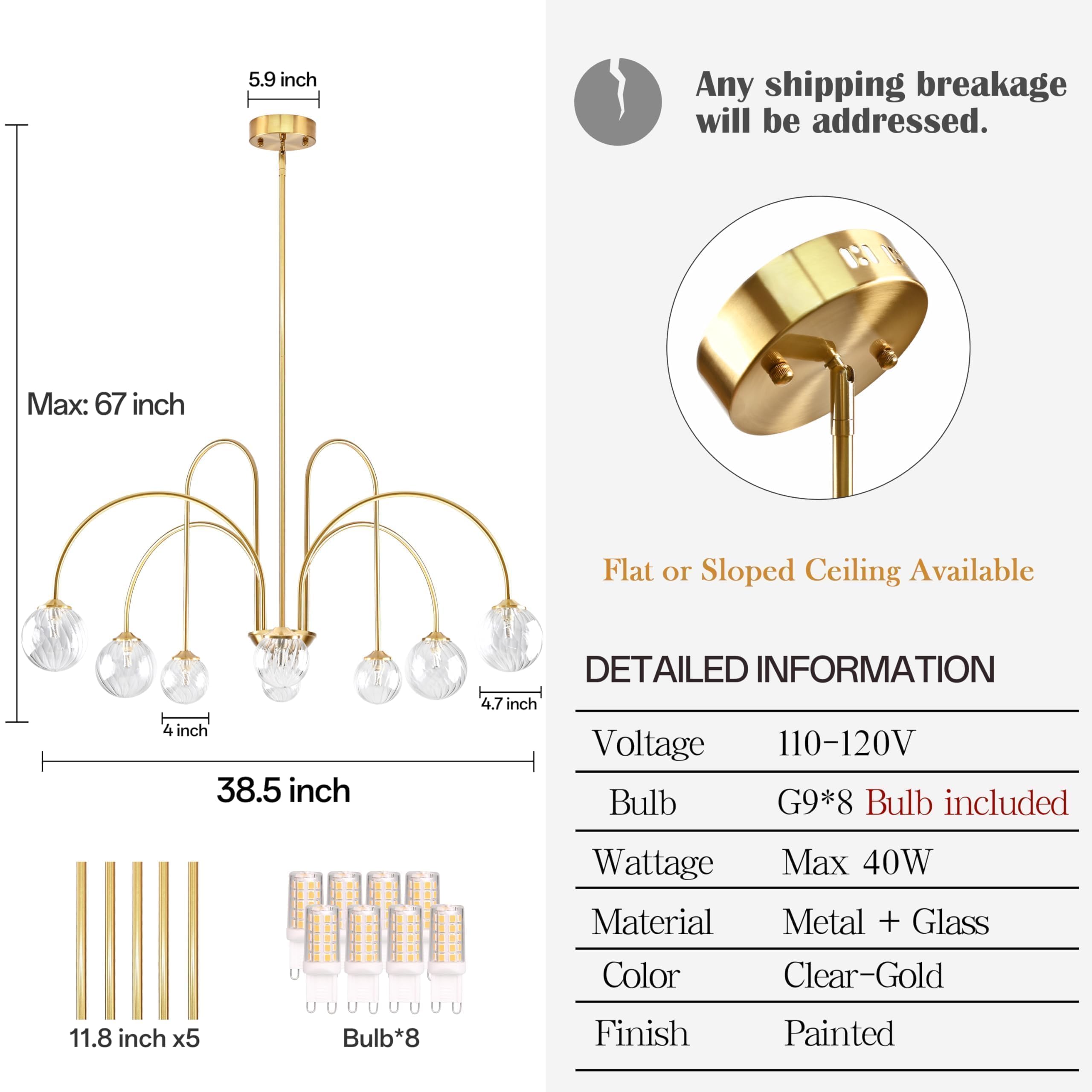 Bagood 8-Light Sputnik Chandelier, Dimmable Modern Pendant Light, Clear Gold, 38.5 in, Metal, Model DGQ-U08-QJ