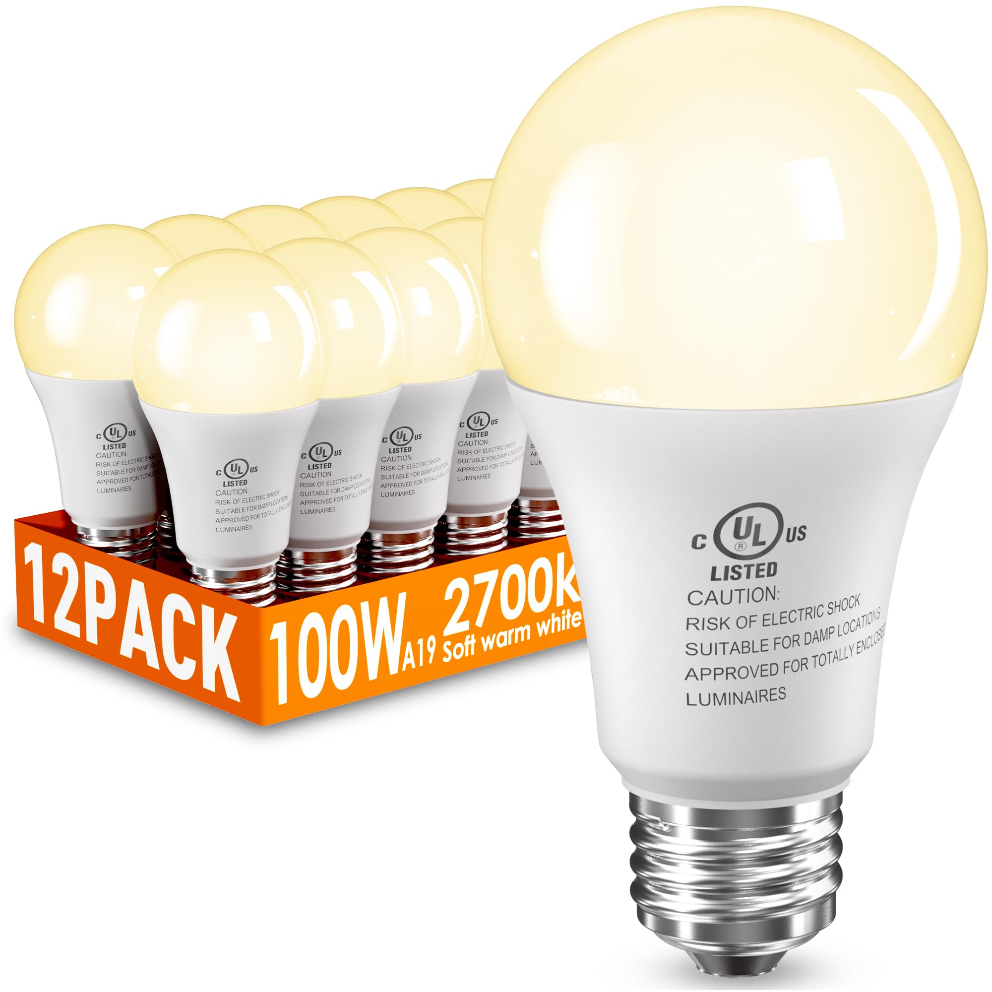 12 Pack Led Light Bulbs 100 Watt Equivalent, A19 15W Soft Warm White 2700K, 1500 Lumens Super Bright E26 Standard No Flicker Ene