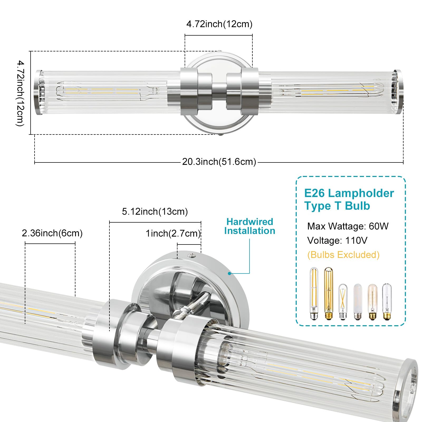 Vaziden Bathroom Light Fixtures  Chrome Wall Sconce In Threaded Glass Indoor Vanity Lights  Modern Bathroom Vanity Light Up And Down Sconces Wall Lighting For Bathroom  Living Room - Bulb Not Included