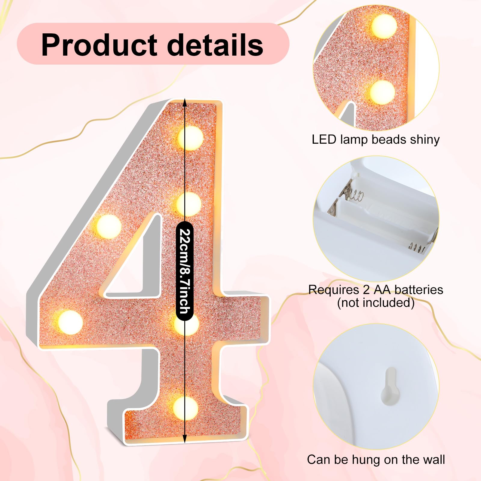 Treela 8.7 Birthday Decorative Led Light Up Numbers  Glitter Marquee Number Sign For Night Birthday Party Decorations Anniversary Bar Led Sign Backdrop Wall Table Centerpieces(40Th Rose Gold)