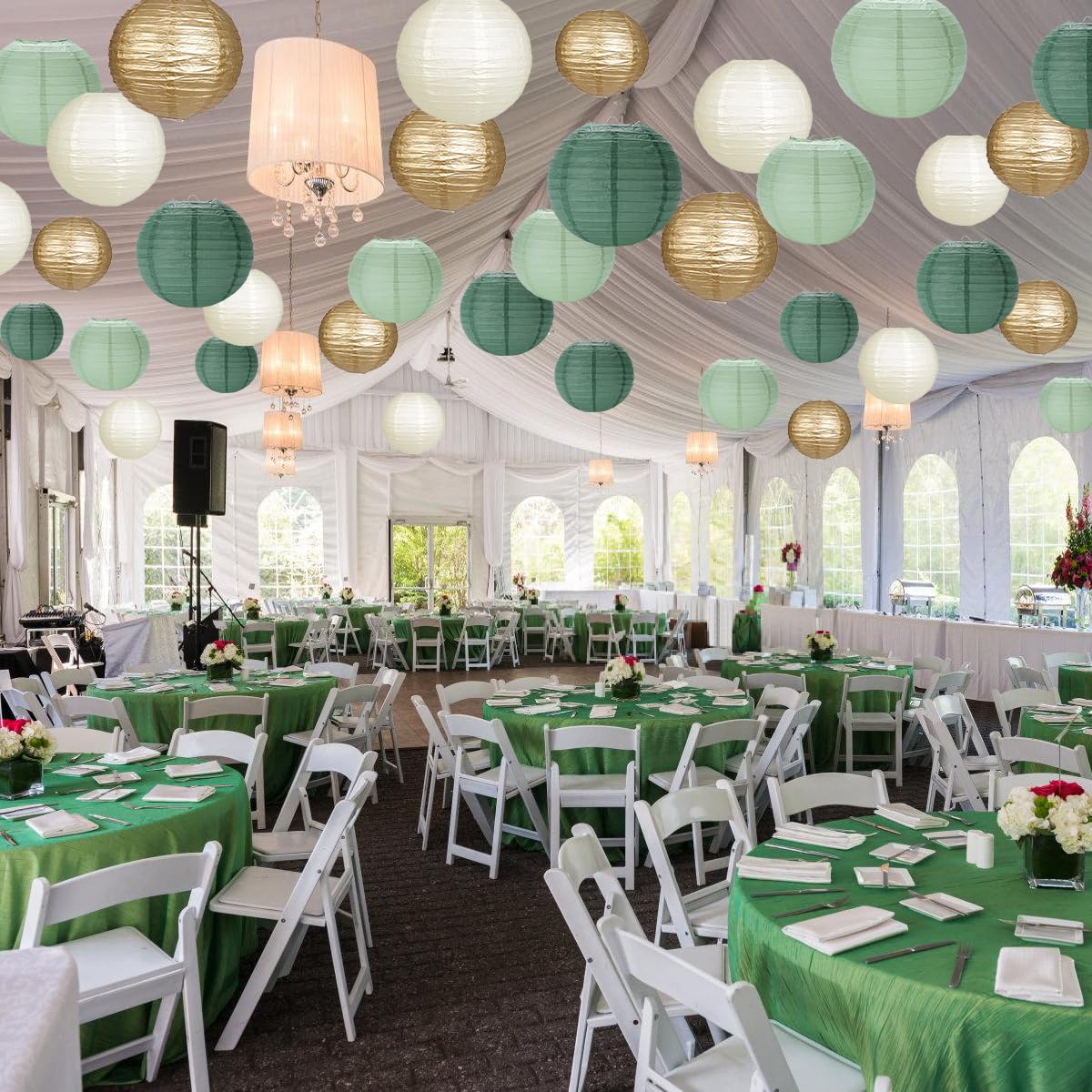 Yunxuan Paper Lanterns Sage Green Gold Round Hanging Chinese Lanterns For Birthday Party Baby Shower Bridal Shower Decorations P
