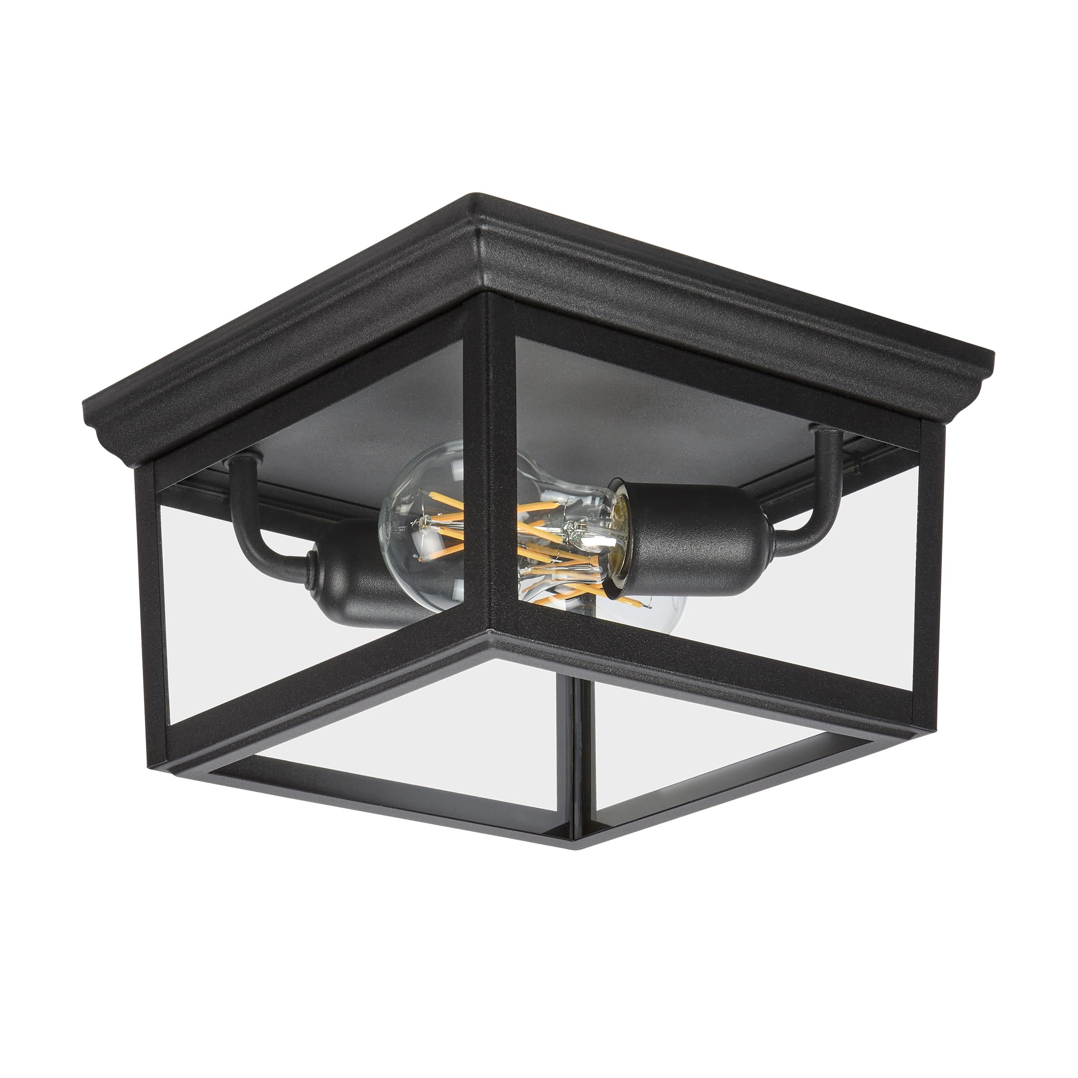 Maxxima 9 in. Outdoor/Indoor Flush Mount Ceiling Light Fixture, Black w/Clear Glass, 2-Light Square Farmhouse Porch or Patio Lig