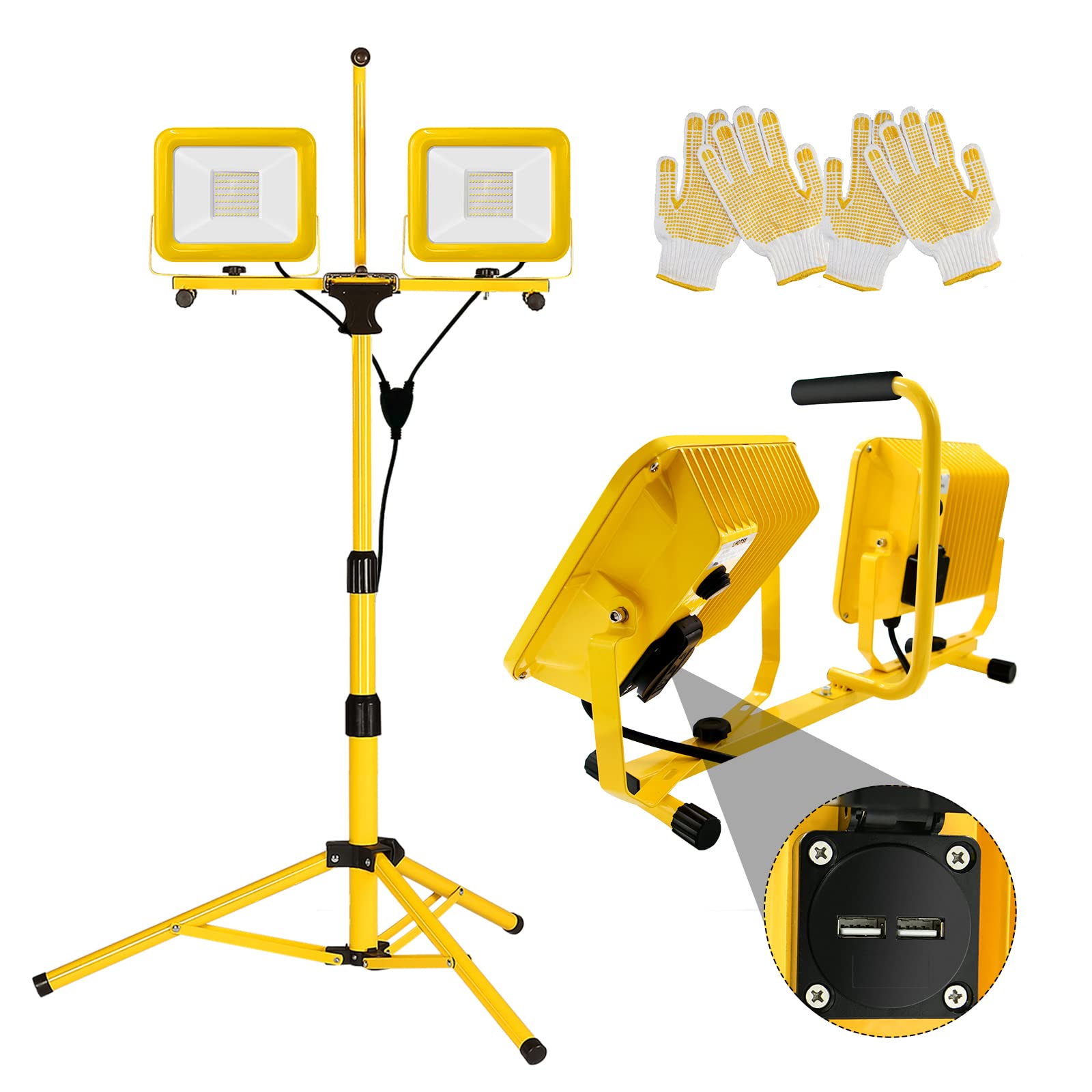 25000 Lumen Work Lights With Stand, Dual Head Led Work Light With Usb & Socket, Waterproof Portable Lights With Individual Switch, Led Flood Light With 72 Inch Adjustable Metal Telescoping Tripod