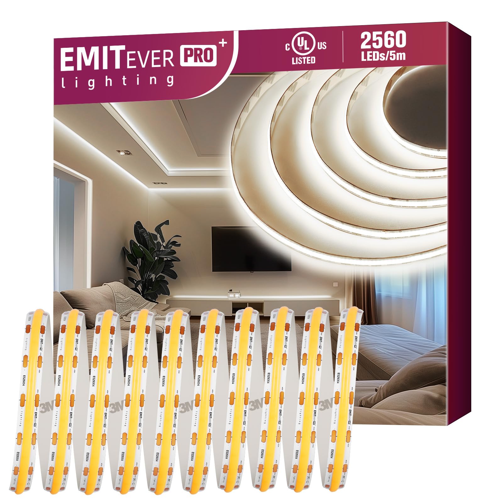Emitever 16.4Ft Cob Led Strip Lights 4000K, 360+ Lumens, Ul Listed, 256