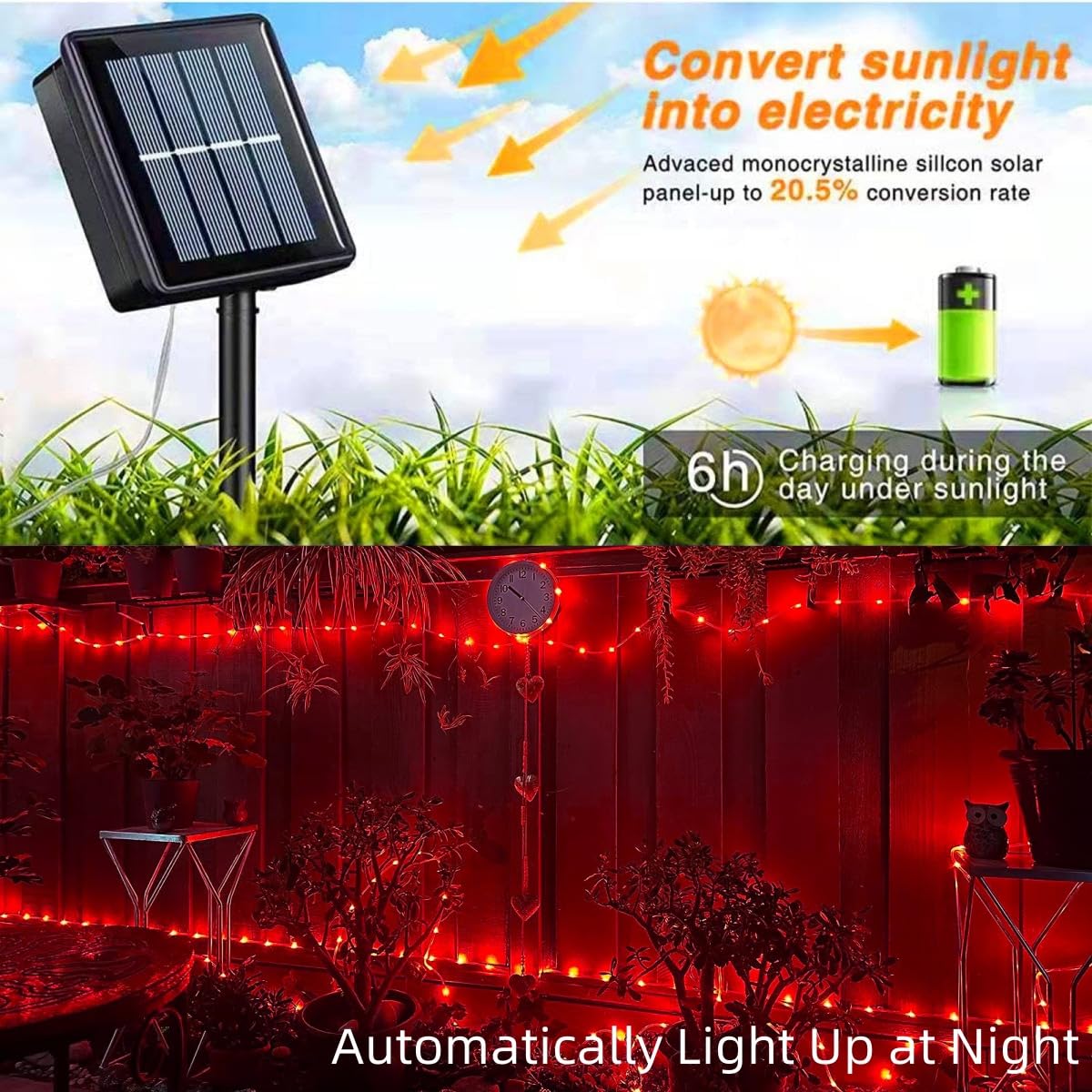 Qitong Red Solar Rope Lights, 2 Pack Each 33Ft 100 Led Solar String Lights, 8 Modes Clear Pvc Tube Rope Lights Outside For Garde