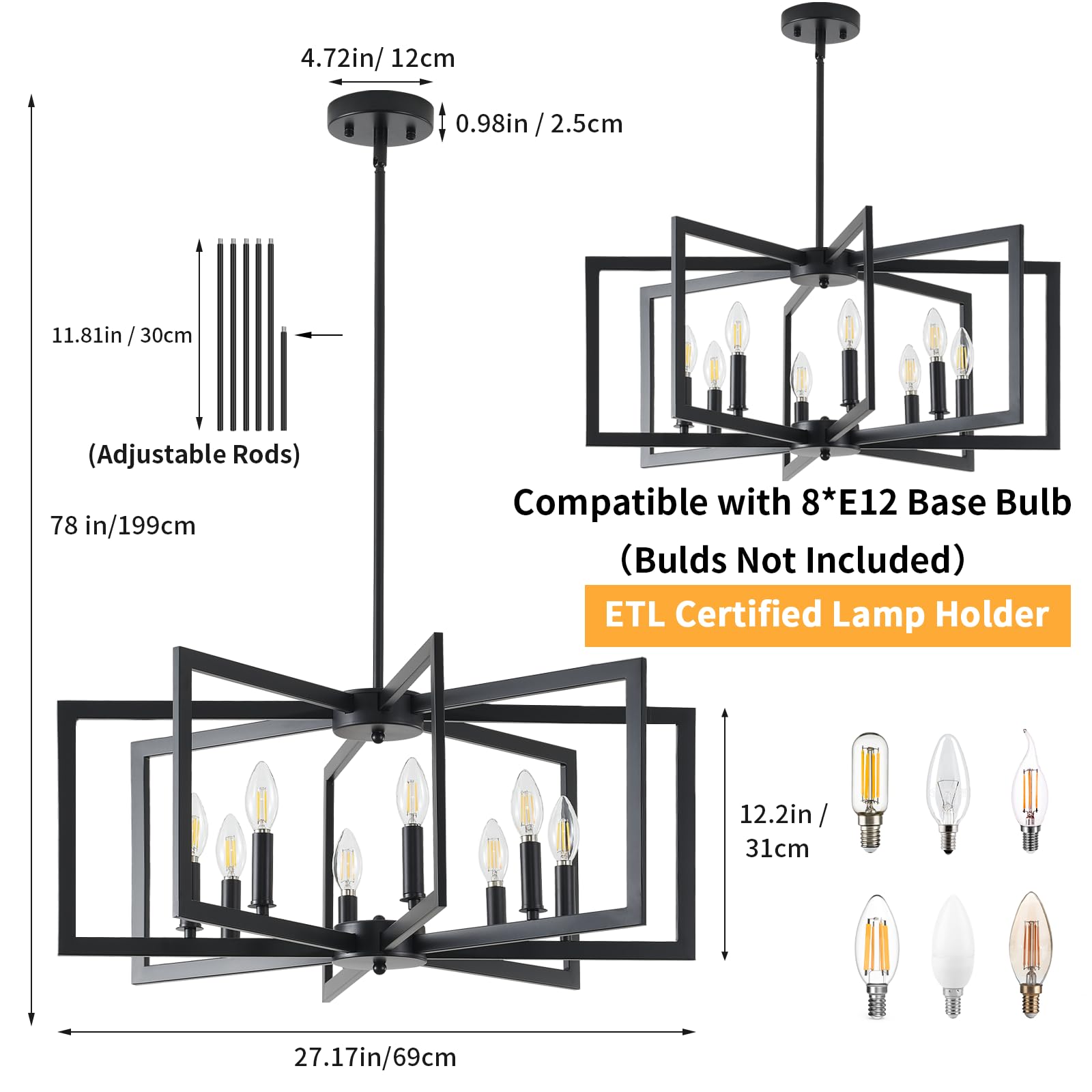 MIAYBPH Black 8-Light Chandelier - Modern Metal Industrial Fixture for Dining Room, Entryway, Living Room (E12 Bulbs Not Included)