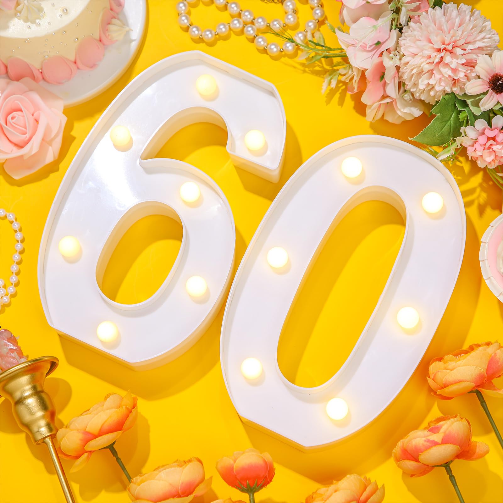 Treela LED Decorative Number Sign, Glitter Marquee for Birthdays, 60th Size, White, Model JR-Treela-4354