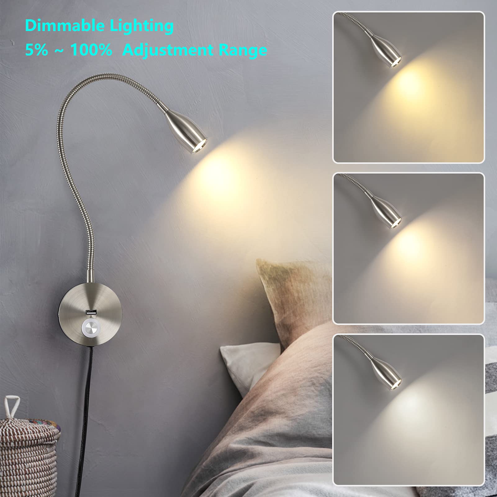 Crisetek Reading Light Wall Mounted Reading Light Headboard Touch Switch Dimmable Reading Lamp Task Directional Led Gooseneck Light Ac (120V) Powered 3W (Brushed Nickel, Warm White)