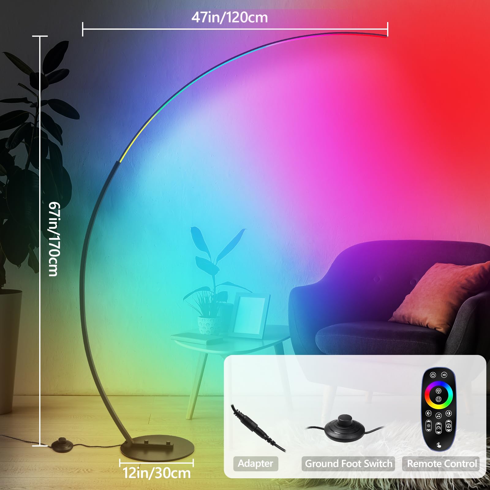 CHICLUX RGBW Arc Floor Lamp, Dimmable LED, Metal, Model LX-87123, Modern Design for Living Room, Bedroom, Office
