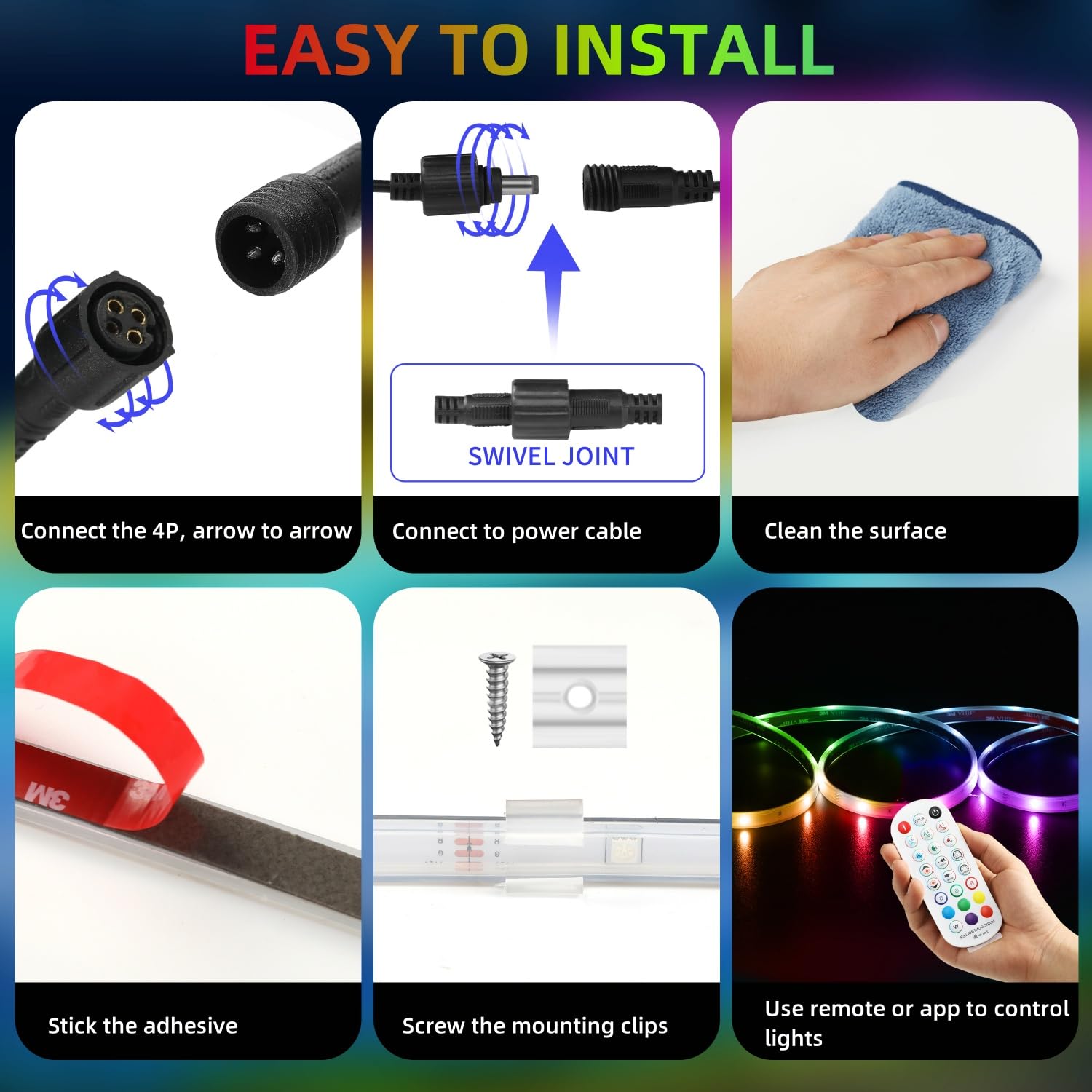 VIDLULTD 20FT Marine LED Strip Lights, IP67 Waterproof, RGB, 12V, Silicone, Model VLD07-ER45, Multicolor