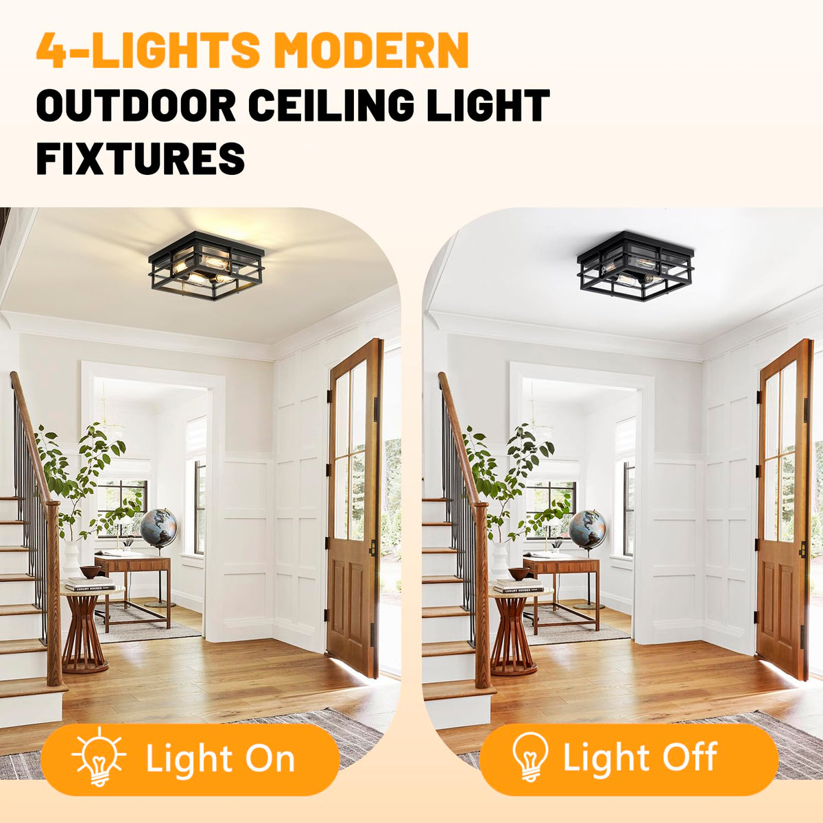 Asnxcju Black Flush Mount Ceiling Light, 4-Light Indoor Outdoor Light ...