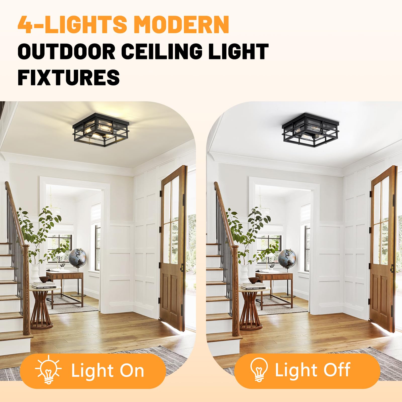 Asnxcju Black Flush Mount Ceiling Light, 4-Light Indoor Outdoor Light Fixtures For Porch With Clear Glass, 12 Inch Modern Close