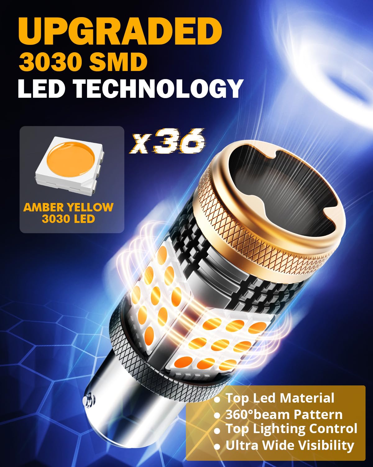 Auxbeam 1157 LED Blinker Bulbs, Amber Yellow, Built-in Resistor, CANBUS Error Free, Model AUXBEAM-B21-1157Amber, 600% Brightness