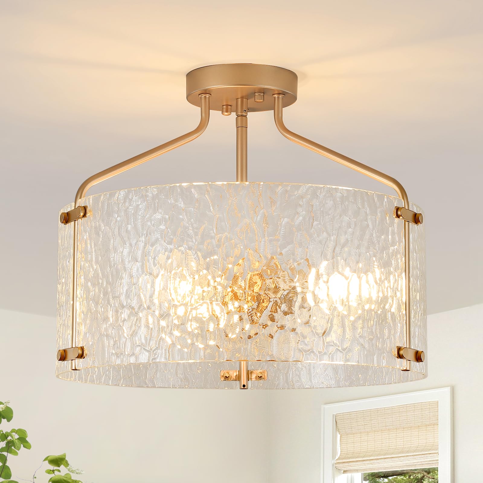 Blhxian Semi Flush Mount Ceiling Light Fixture Glass Drum Chandelier Entryway Light Fixture 16Gold Flush Mount Ceiling Lights 3-Light Foyer Lighting fixtures for Living Room Hallway Bedroom