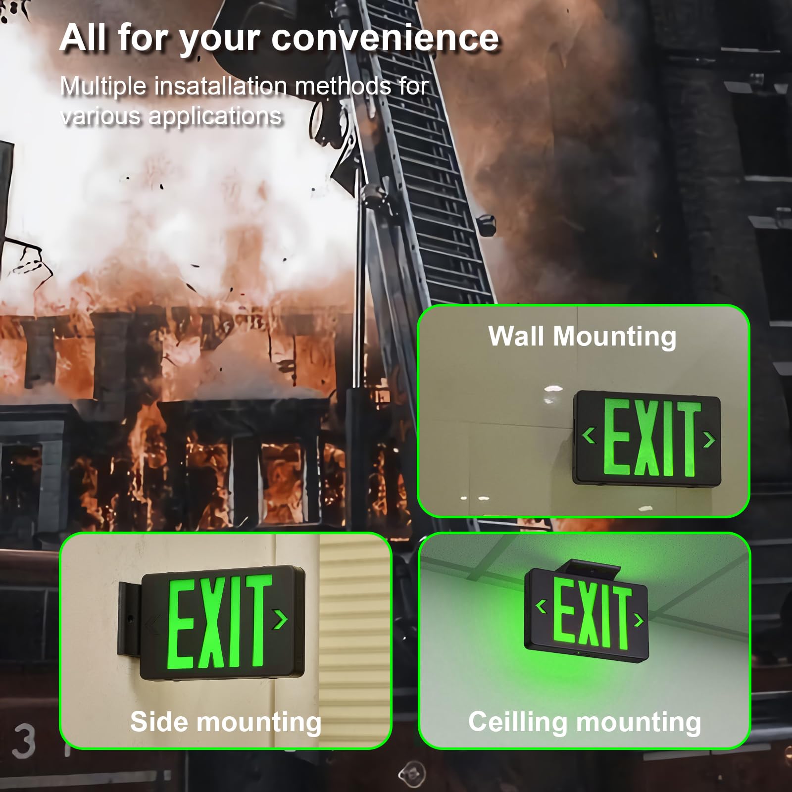 Gzruiyang Green Exit Sign With Black Housing, Led Emergency Exit Light With Battery Backup, Ul Listed, Ac 120/277V, Exit Signs W