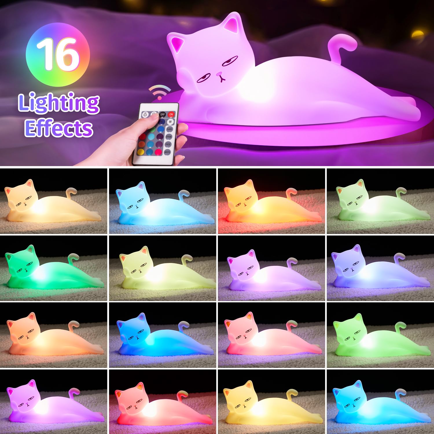 Mubarek Night Lights for Kids Lamp Cat Lamp,16 Colors Kids Night Lights Cute Lamp,Dimmable & Remote Night Lights,Rechargeable Si